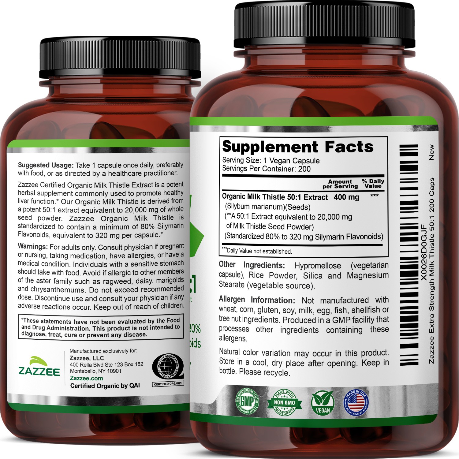 Zazzee Organic Milk Thistle Extract 20,000 mg Strength, 200 Vegan Capsules