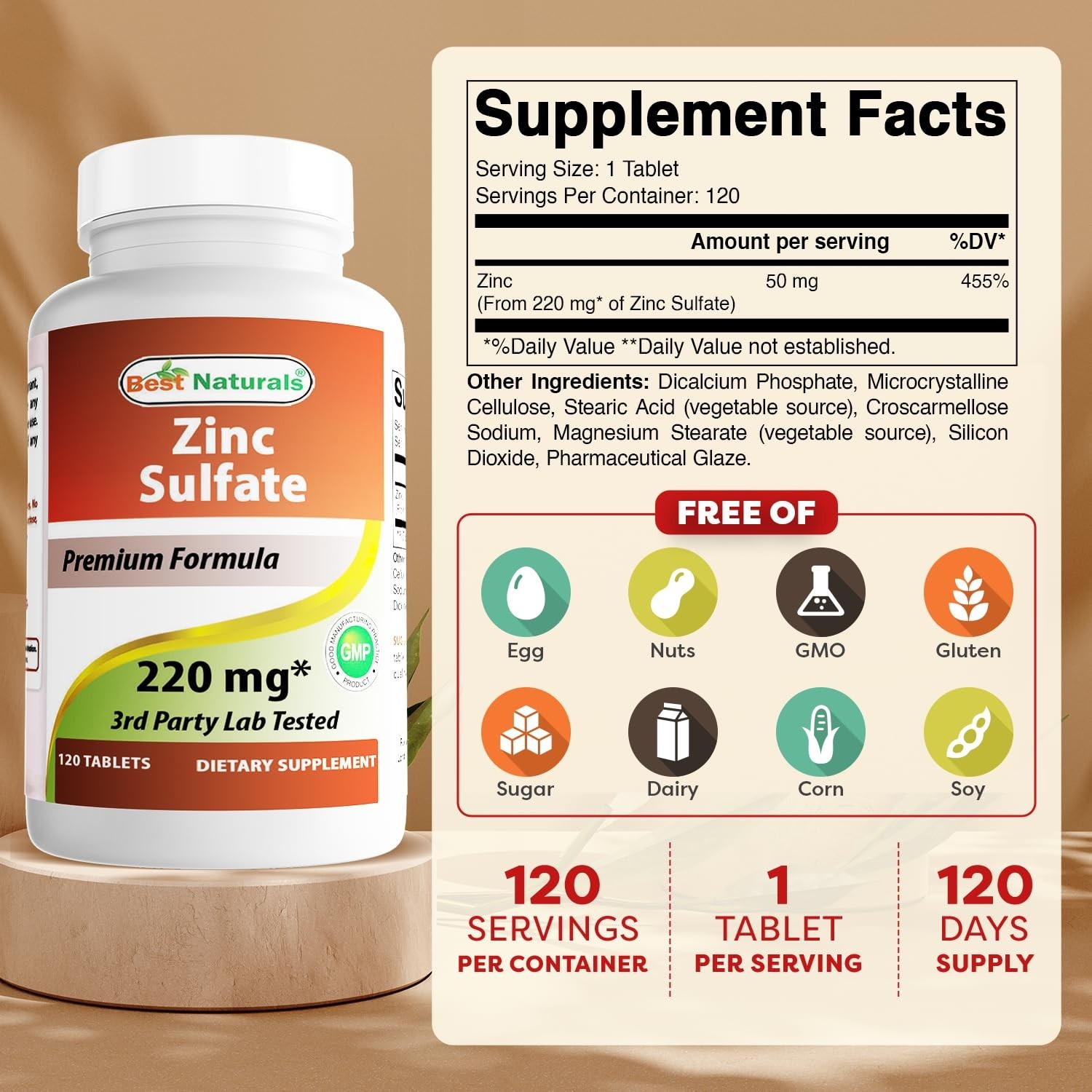 Zinc Sulfate 220mg – 120 Tablets, Lab Tested, Gluten Free, Non-GMO, USA Made