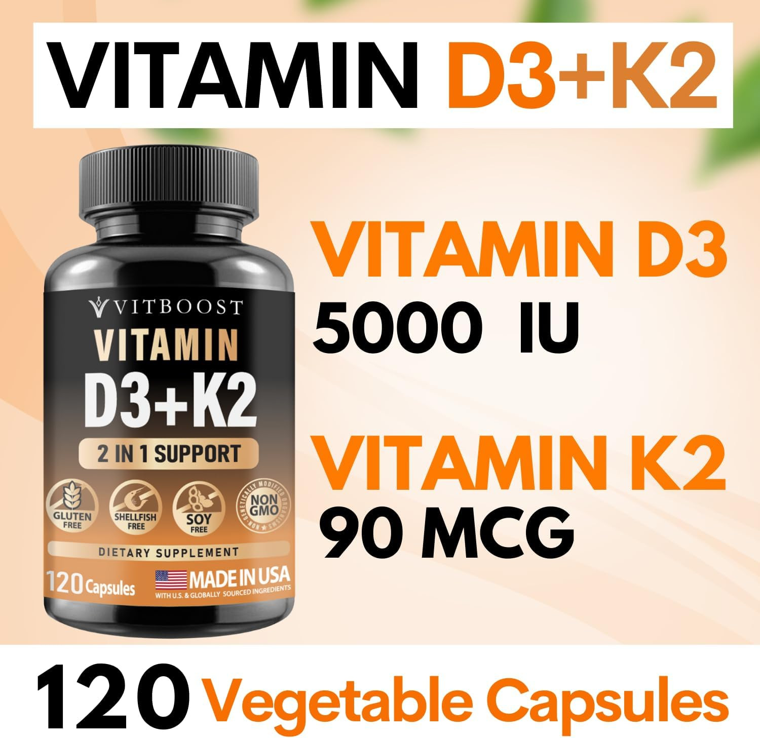 Vitamin D3 K2 Complex – Easy to Swallow – Vitamin D (D3) 5000 IU (125 Mcg) & K2(