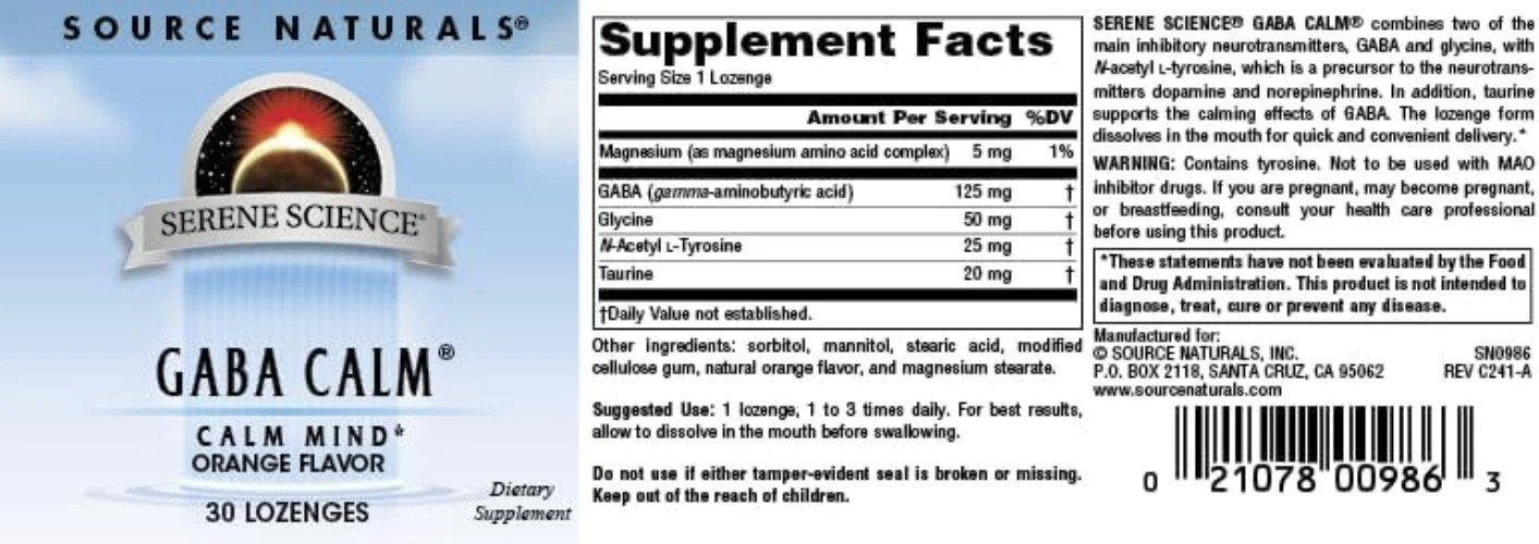 GABA Calm 125 mg Lozenges – 30 Yeast Free, Gluten Free Tablets for Mood Support