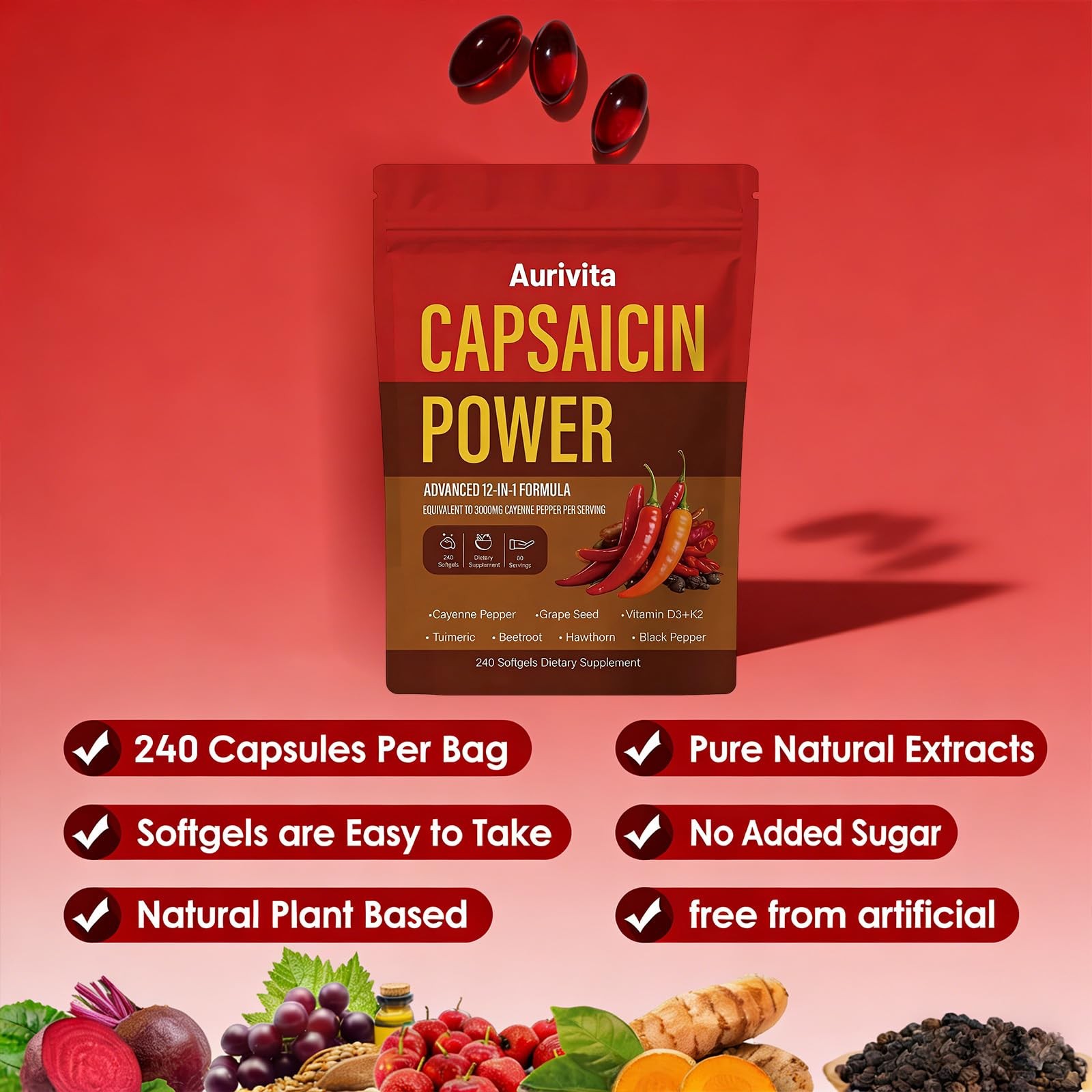 Capsaicin Softgels Supplements 240 Capsules Vitamin D3 K2 Beetroot Aurivita Seed