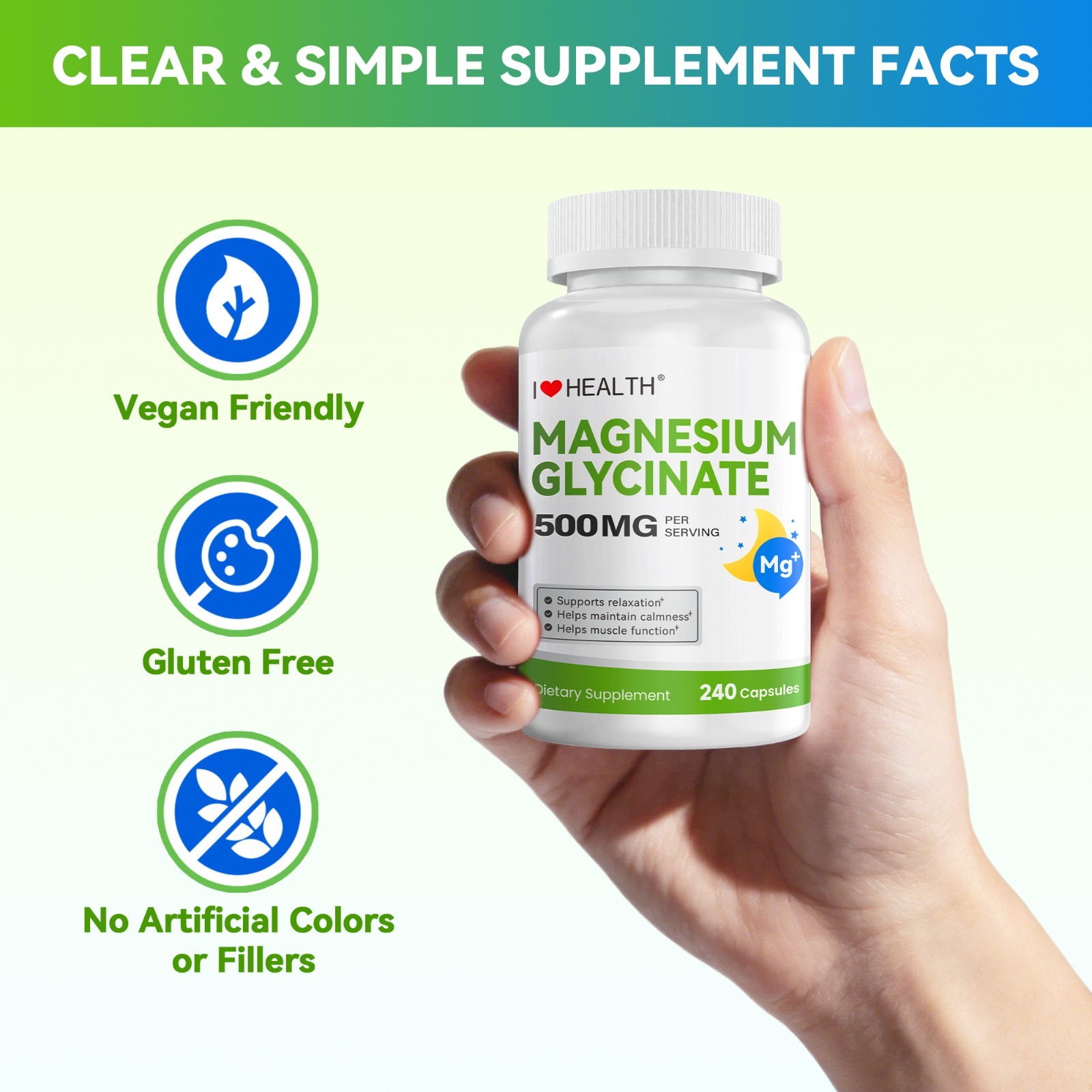 Magnesium Glycinate 500mg per Capsule 240 Capsules High Absorption