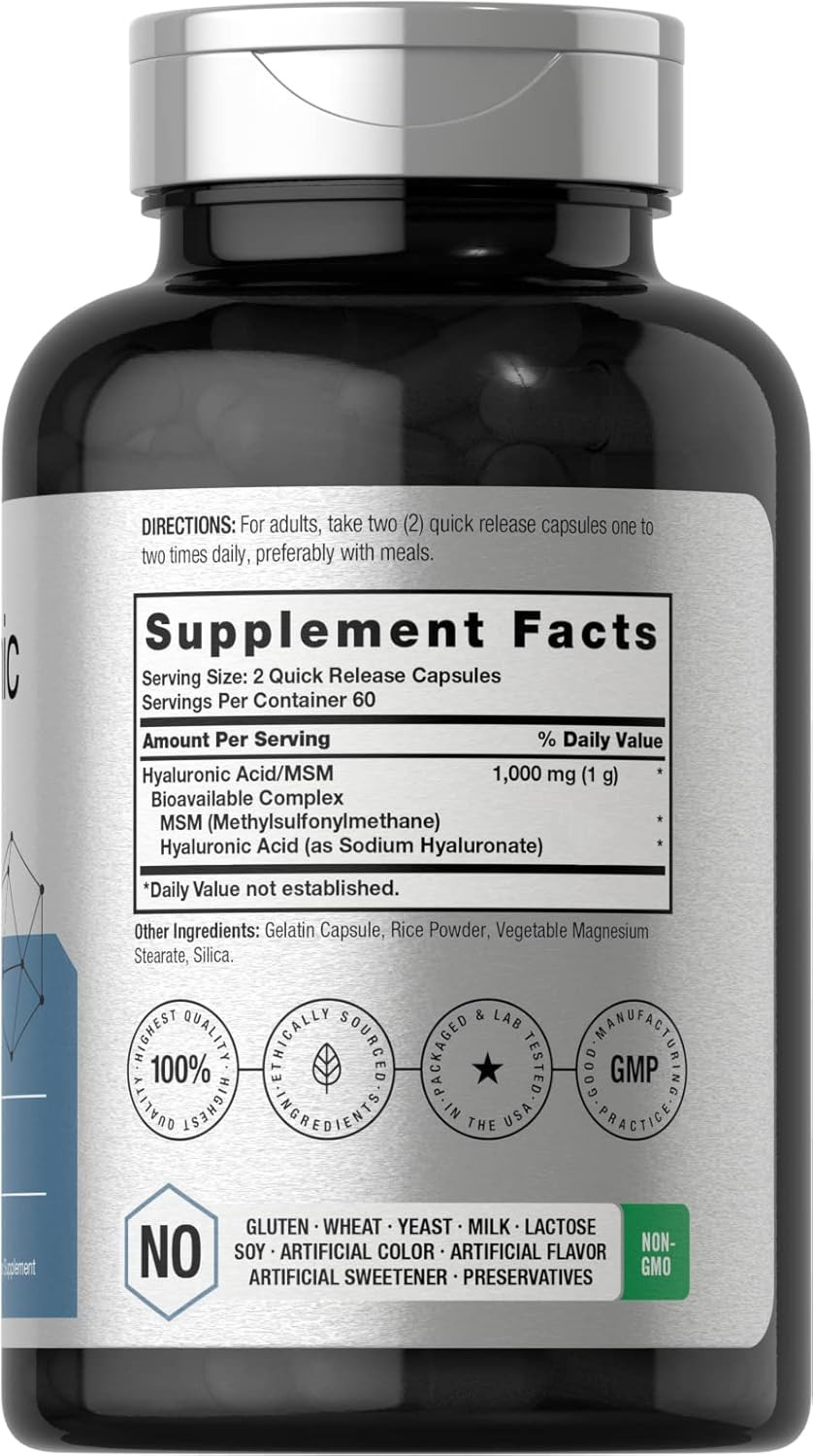 Hyaluronic Acid with MSM | 1000 mg | 120 Capsules | Non-GMO |Free Shipping