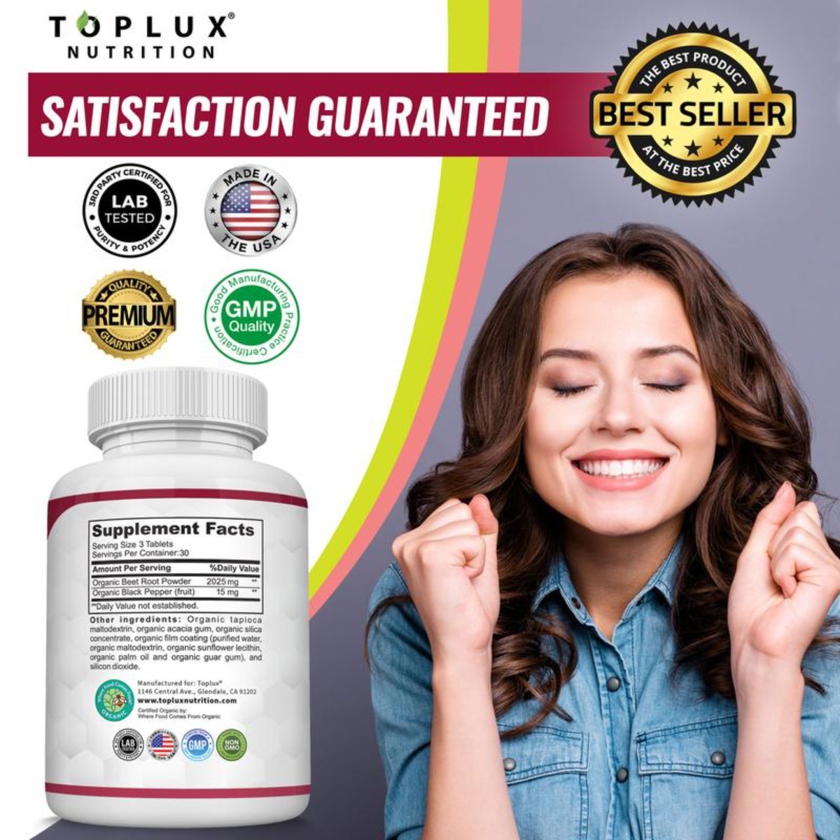 Toplux Tablets Root Organic Natural 2040mg, Beet Nitric Oxide Booster