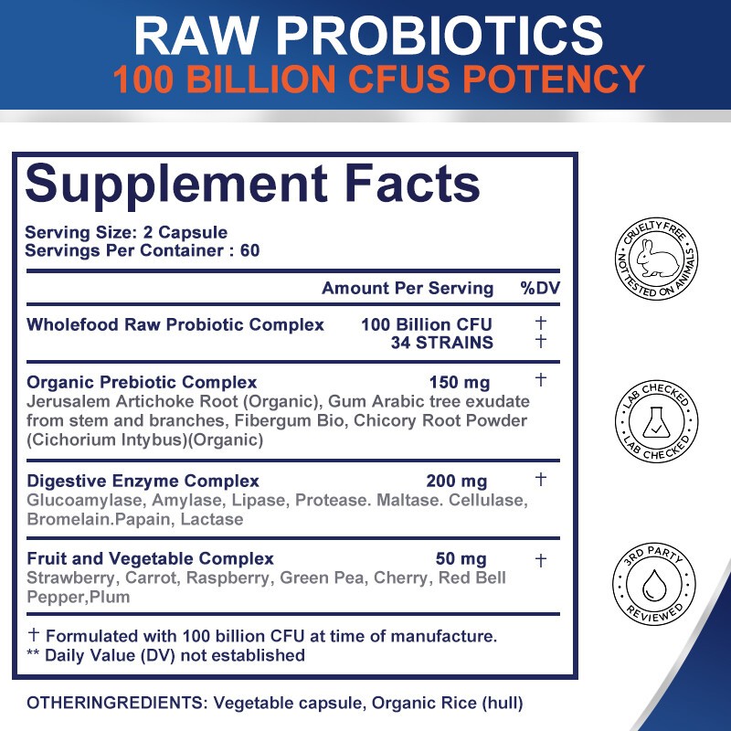 Raw Probiotics 120 Capsules 100 Billion CFU Potency Digestive Immune Health