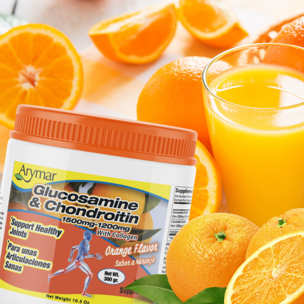 Arymar Glucosamine & Chondroitin Powder 1500mg-1200mg Orange Flavor 10.58 Oz