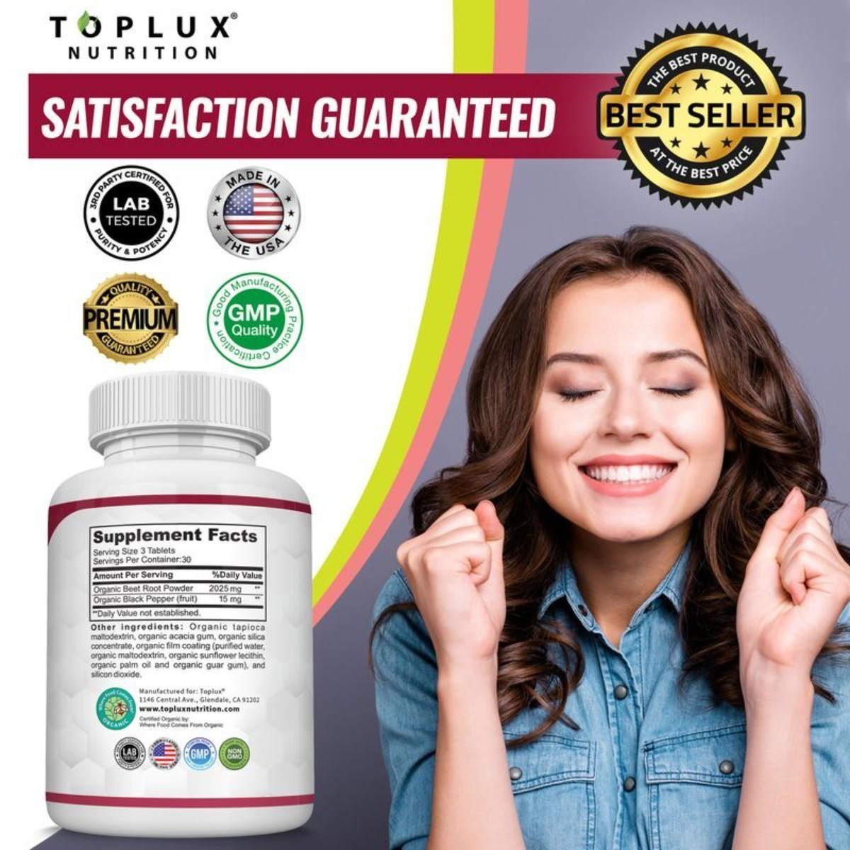 2040mg Toplux Organic Beet Root Tablets | Nitric Oxide Booster Supplement NEW