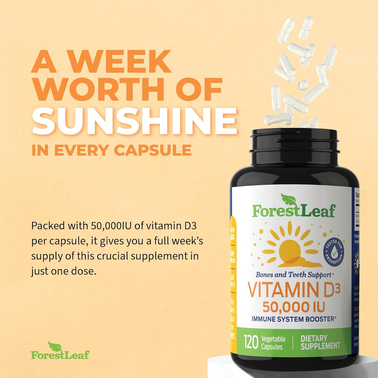 Vitamin D3 50000 IU – Bone Health and Immune Support – Small Easy to Swallow Cap