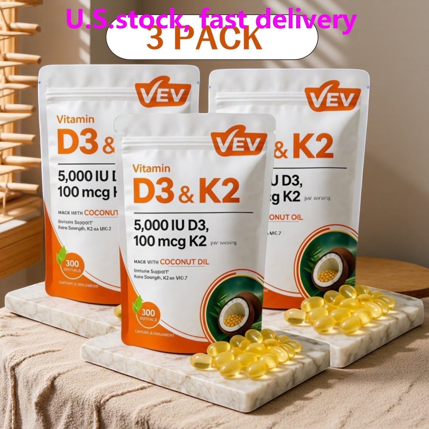 3PCS VEV D3 K2 10000 IU Softgels with Coconut Oil, 2-in-1 Vitamin Support 300 Ct