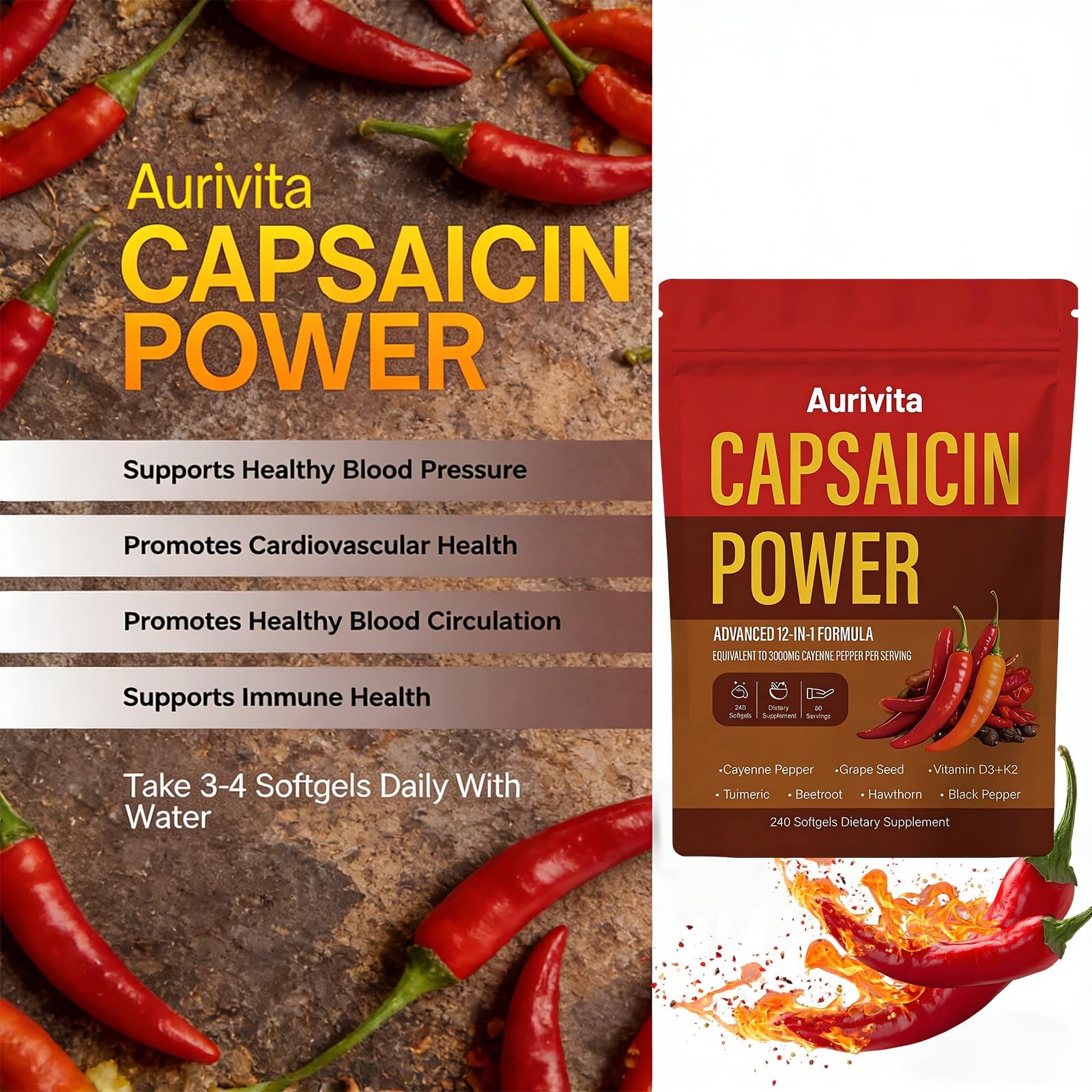 Capsaicin Softgels Supplements 240 Capsules Vitamin D3 K2 Beetroot Aurivita Seed