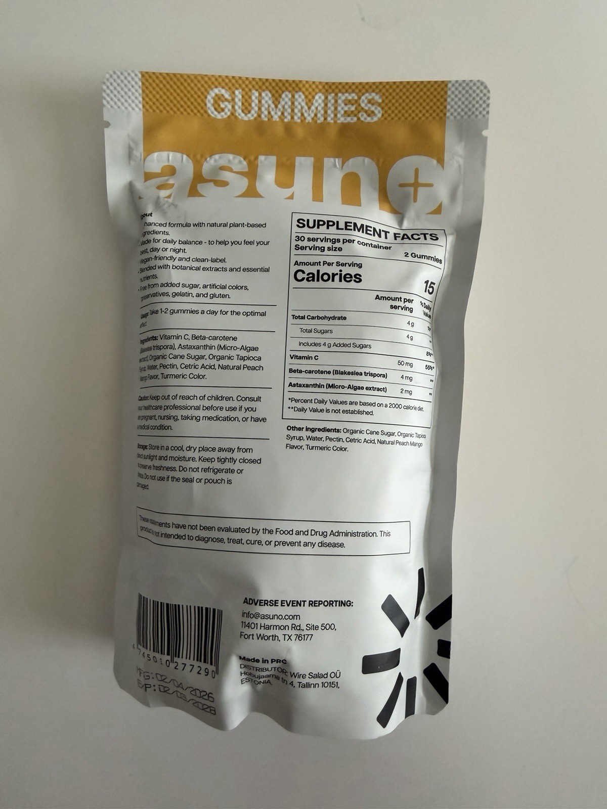 Asuno Tanning Gummies 60 Count Vitamin C Astaxanthin Beta-Carotene New Sealed