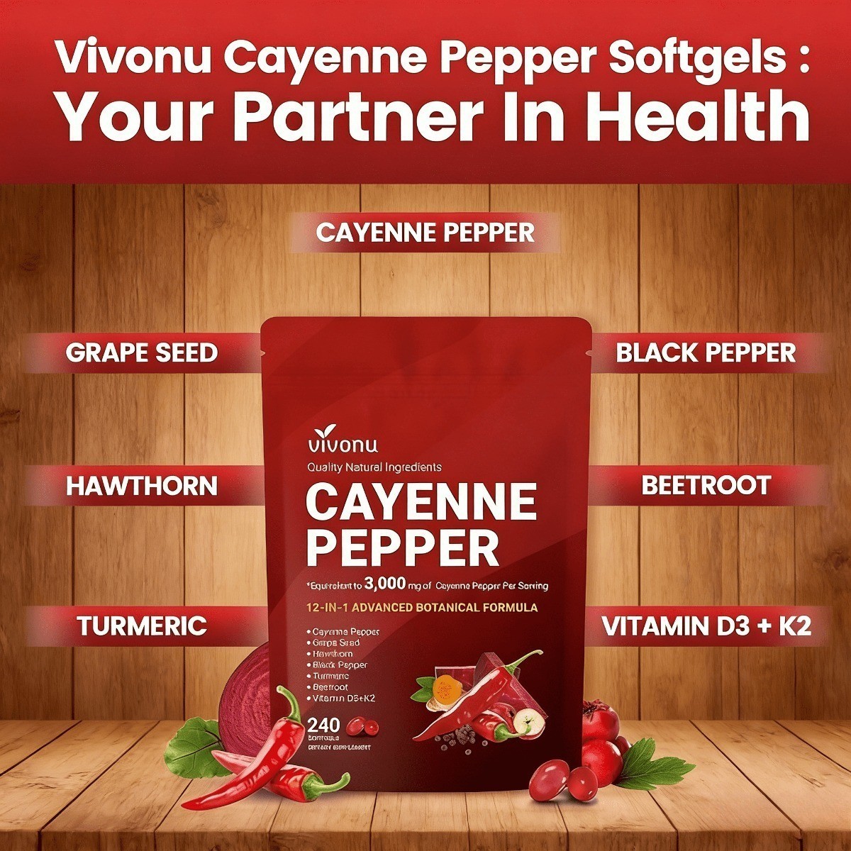VIVONU Cayenne Pepper 240 Softgels, Heart & Vascular Health Supplement NEW