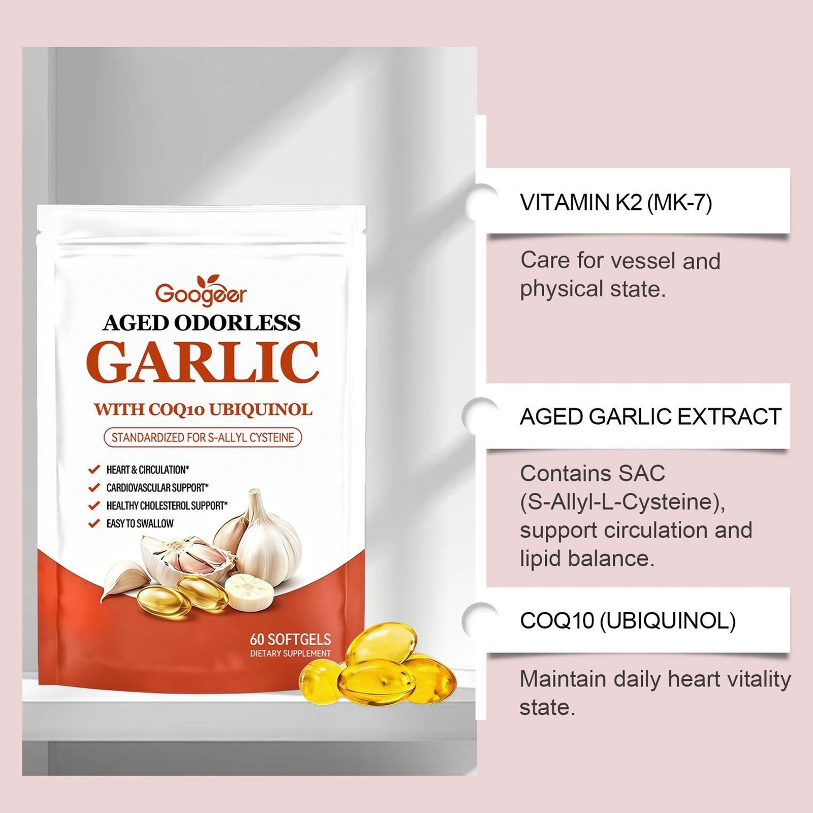 Odorless Aged-Resilia Garlic Extract 600mg Softgels (60 Count) including CoQ1*
