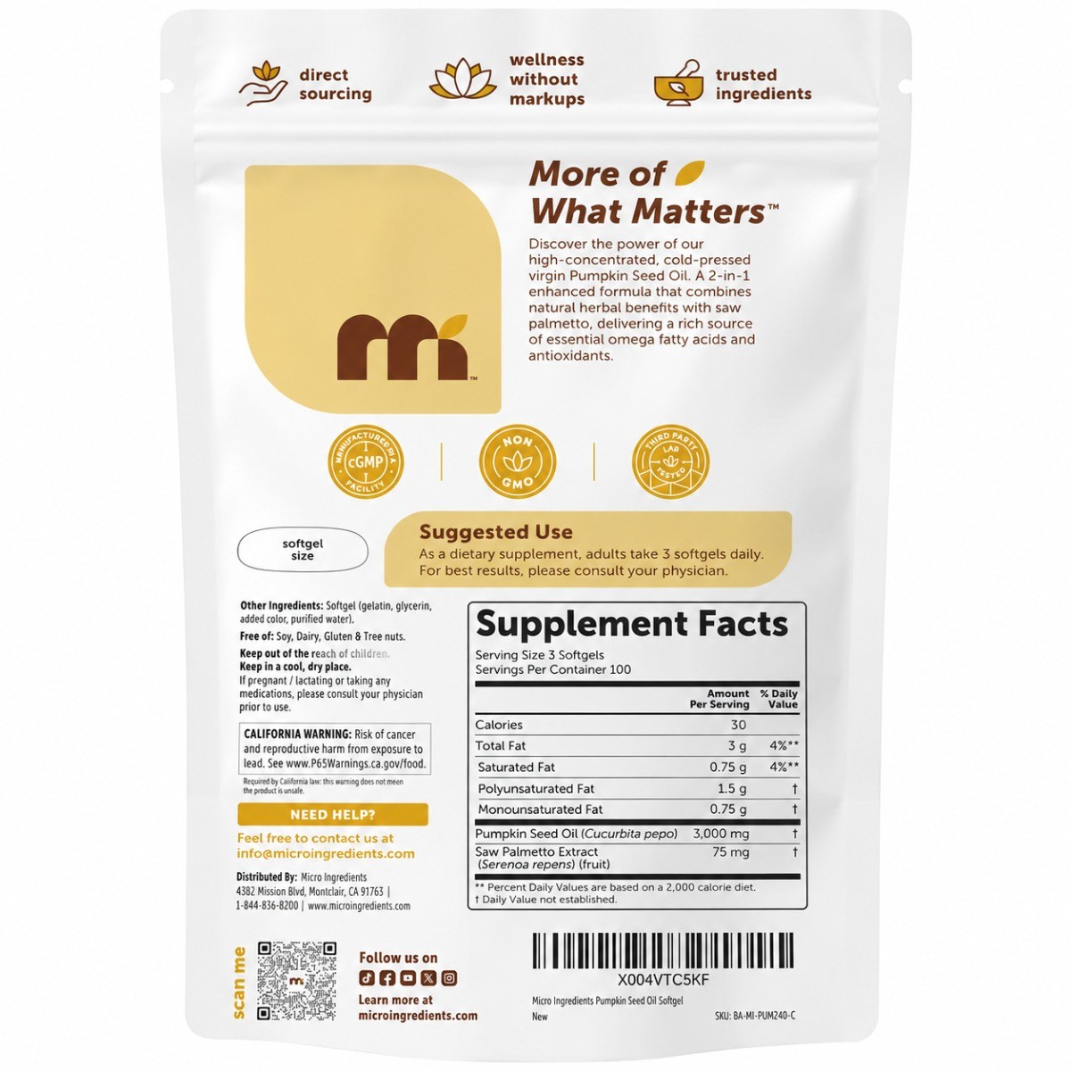 Micro Ingredients Pumpkin Seed Oil 3000mg Saw Palmetto Cold Pressed 300 Softgels