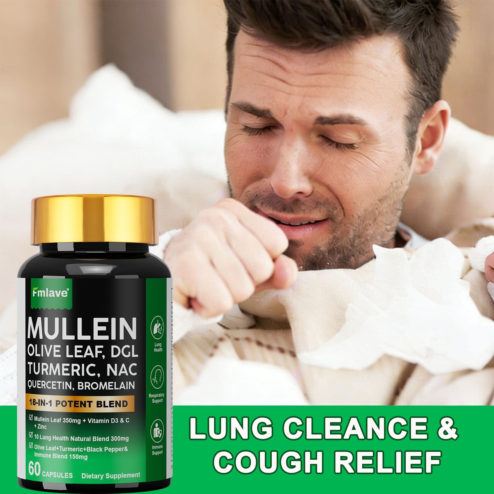 Mullein Leaf Capsules for Lung Cleanse and Detox, Respiratory Health Herbal 60ct