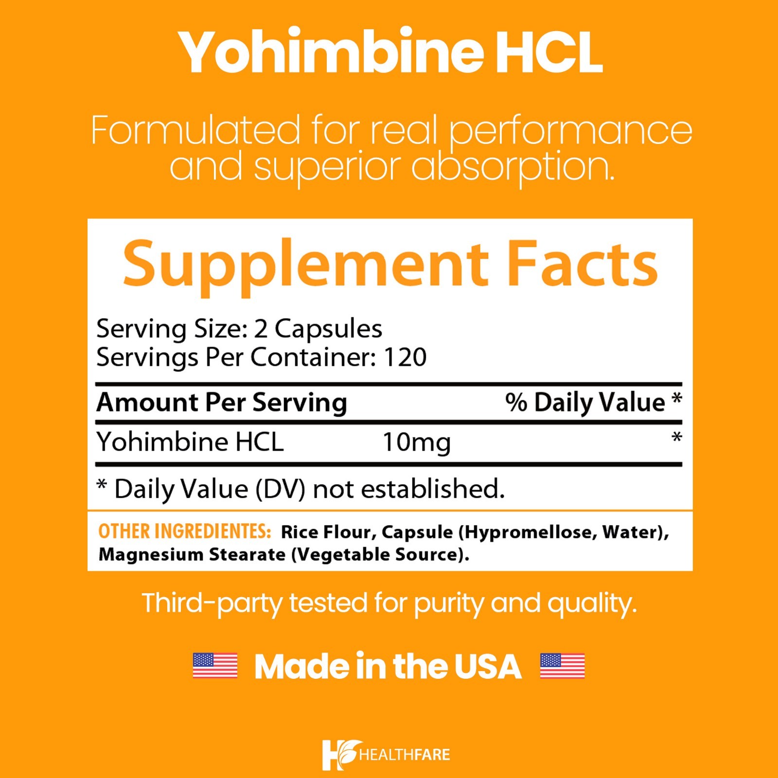 Healthfare Yohimbine HCL 10mg | 240 Capsules Support Energy Max Potency Formula