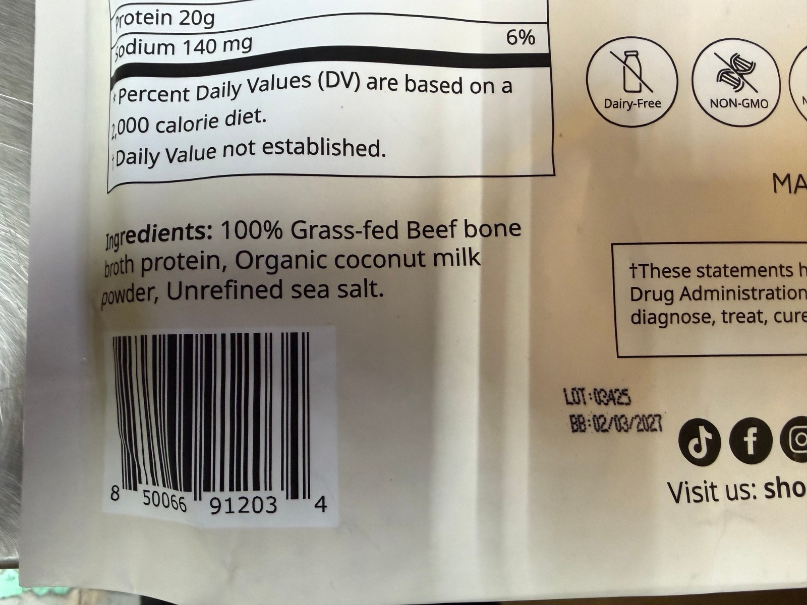 UNFLAVORED Bone Broth Protein Powder 30.2oz 100% Grass Fed 20g TD Wellness