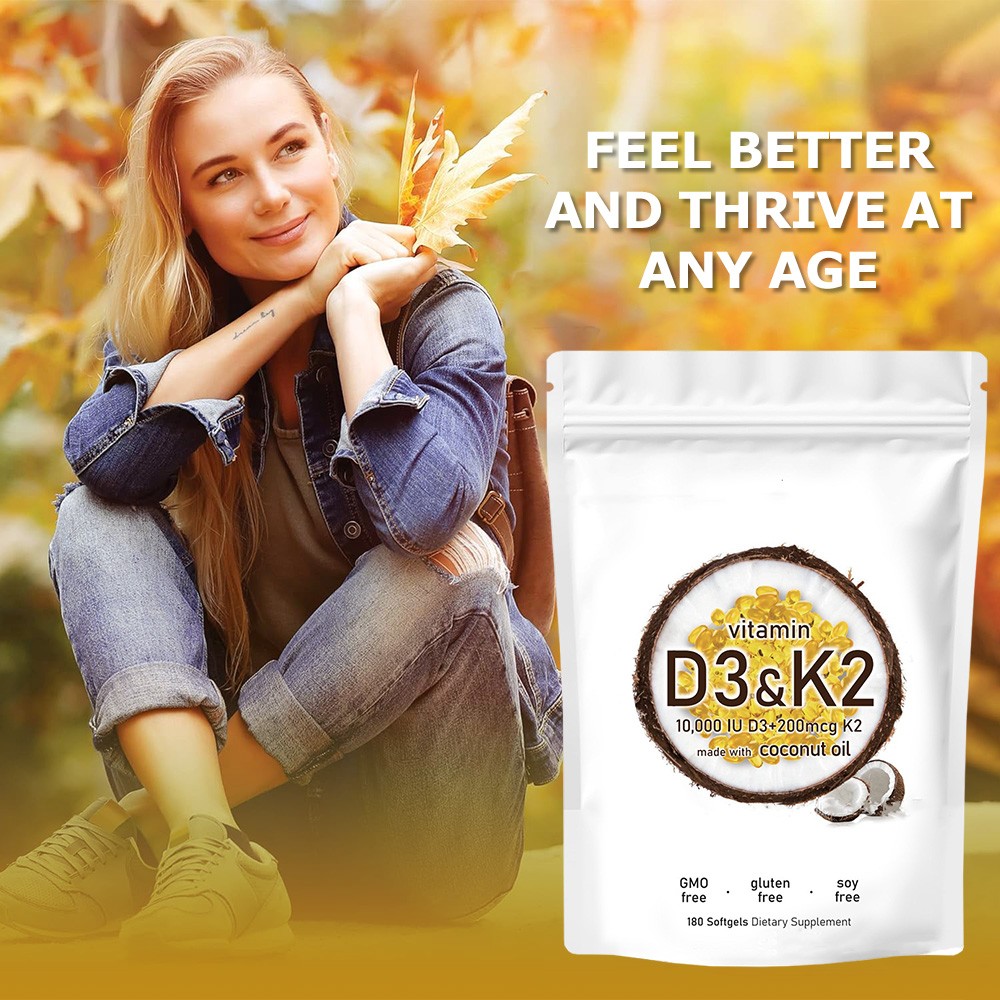 1 in 2 Vitamin D3 K2 Supplement Softgels 180 capsules 10000 IU VIT D3+K2 200 MCG
