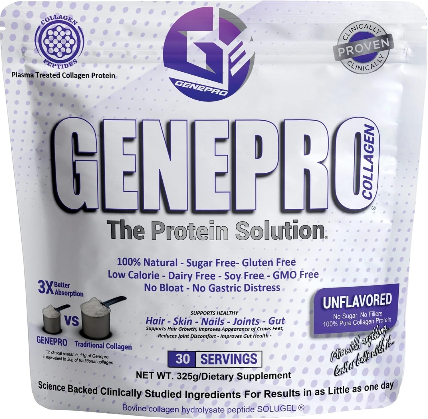 Genepro Collagen Unflavored Protein Powder with Collagen , 30 Servings, EXP 2027