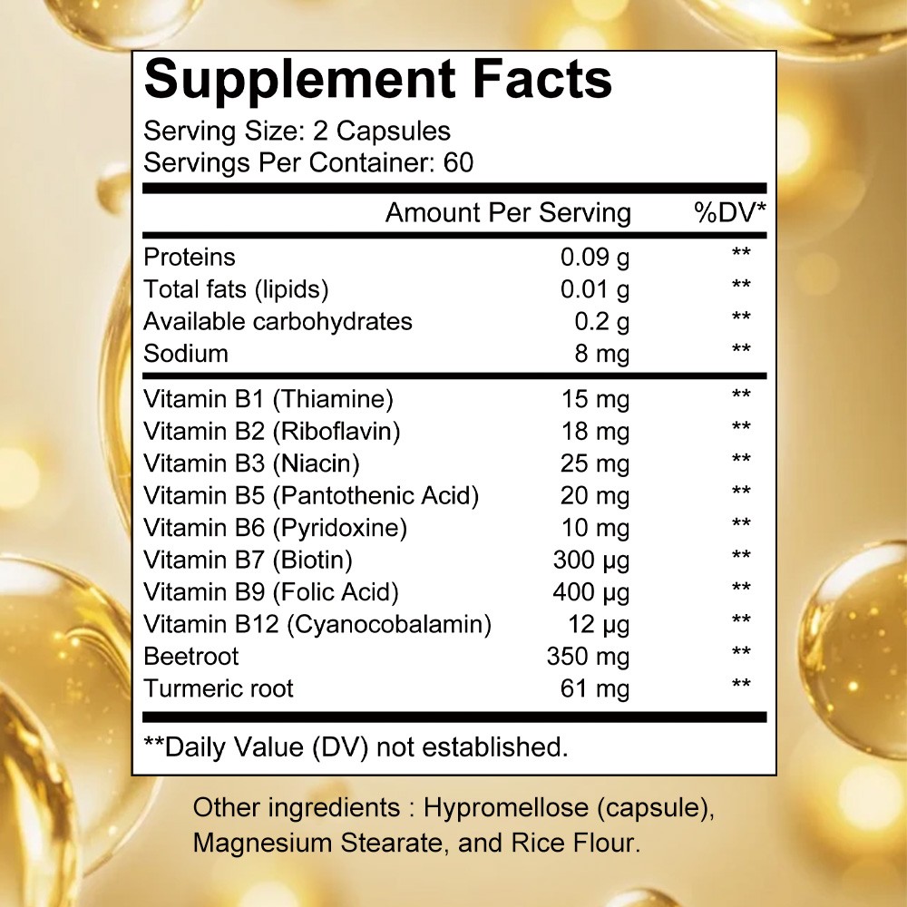 Vitamin B Complex B1 B2 B3 B5 B6 B12 With Turmeric Root Energy 30/60/120Capsules