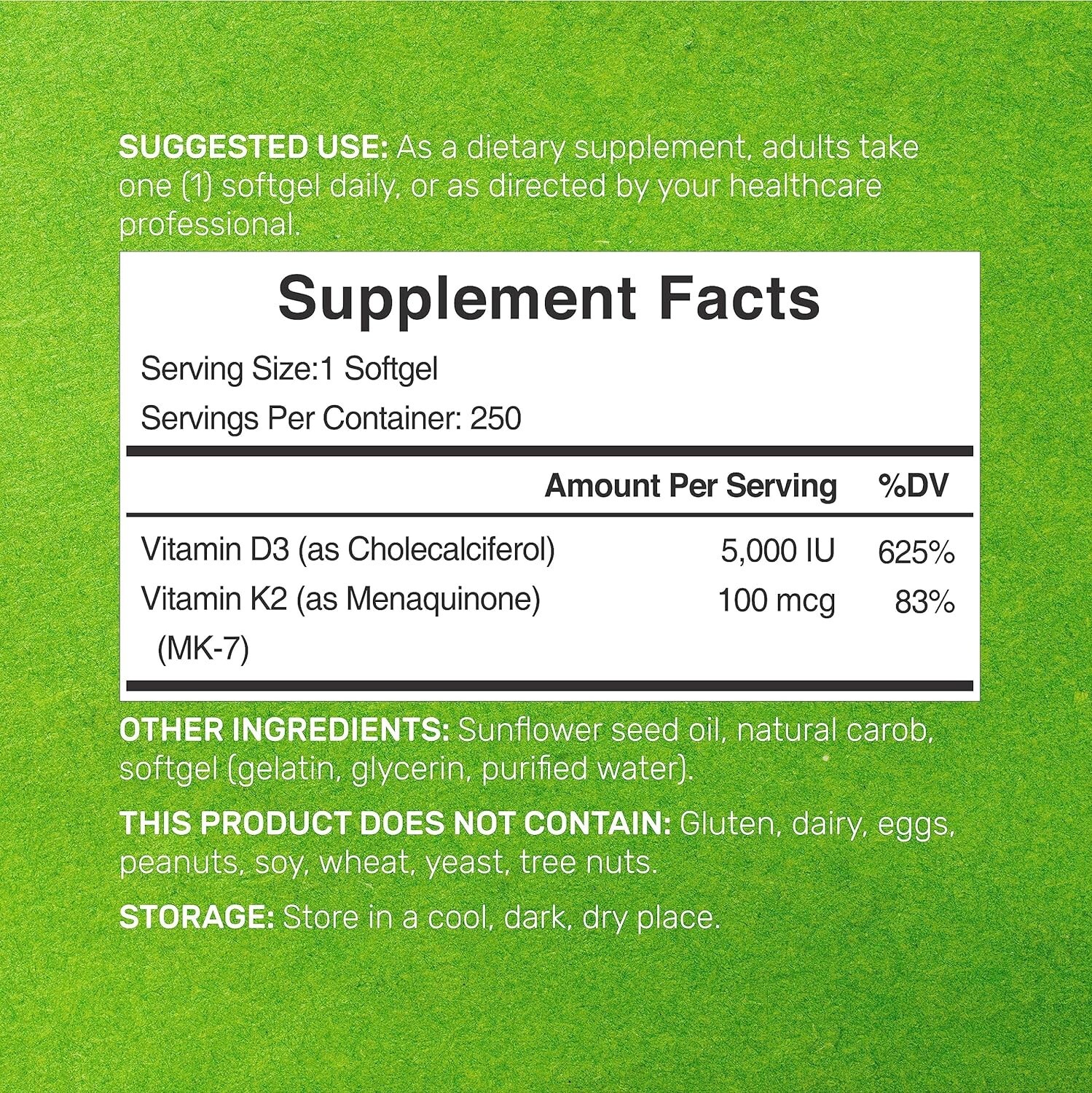 Vitamin D3 & Vitamin K2, Promotes Heart Bone Health -250 Softgel Easy to Swallow
