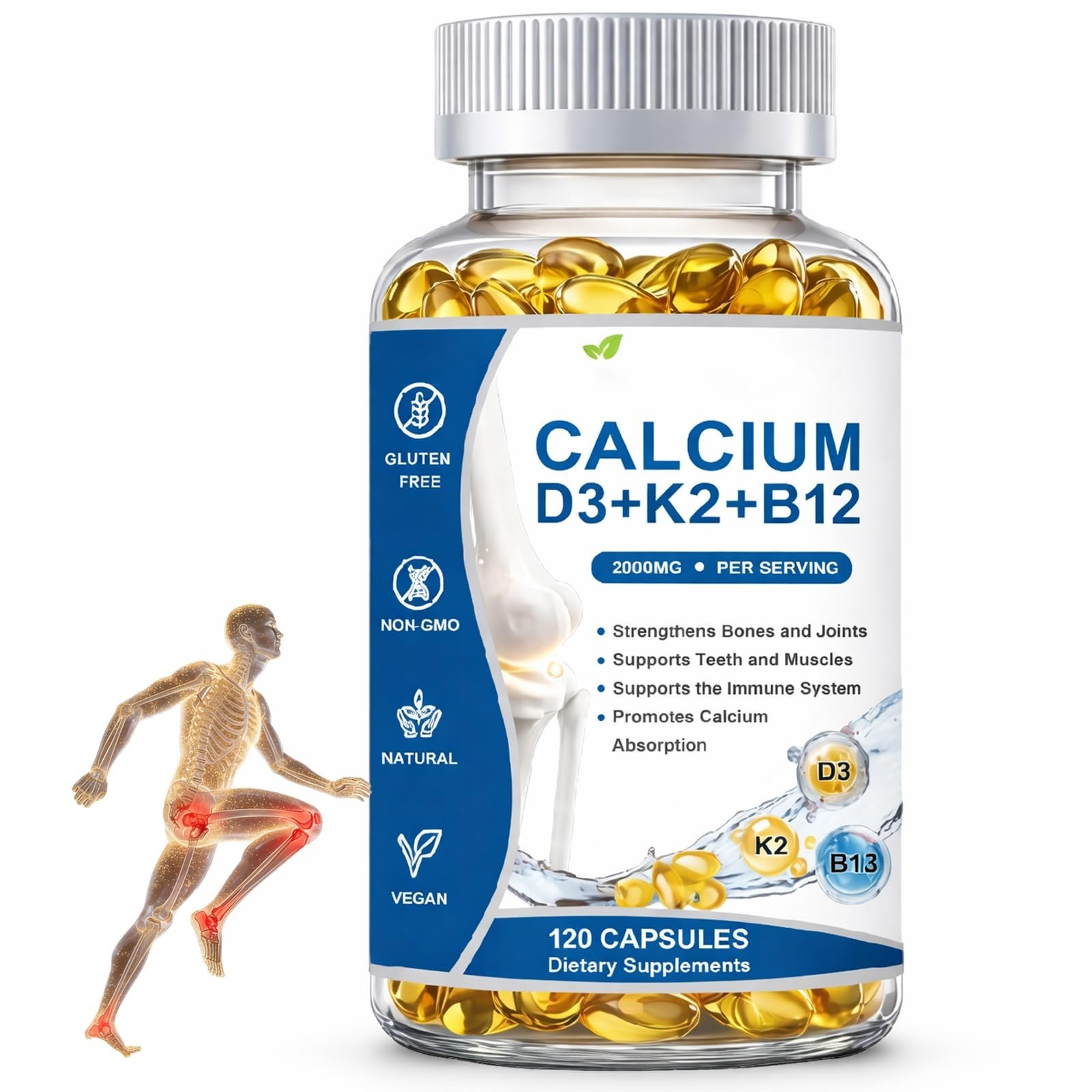 Calcium D3 K2 B12 Softgels 2000mg – Strengthen Bones & Teeth, Boost Energy, Non-