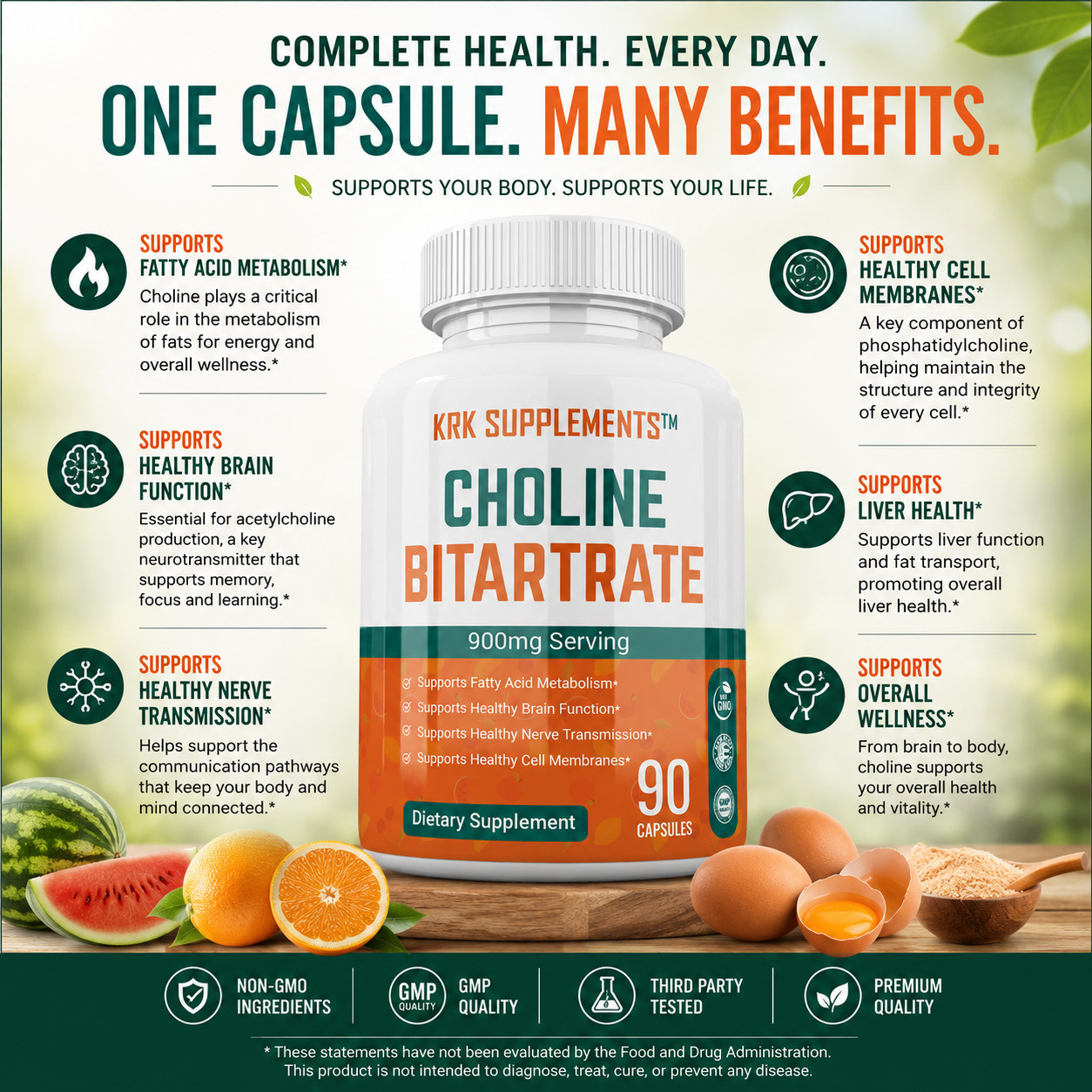 Choline Bitartrate 900mg per serving Brain Memory Booster Nootropic Fatty Liver