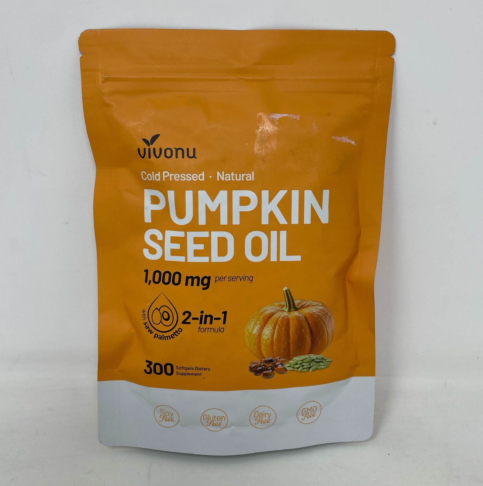 Vivonu Pumpkin Seed Oil + Saw Palmetto 300 Softgels, Cold-Pressed 1000 mg Orange