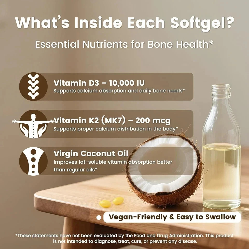 VEV Vitamin D3 Con K2 10000 IU, 300 kinds of virgin coconut oil softgels, 2-in-1