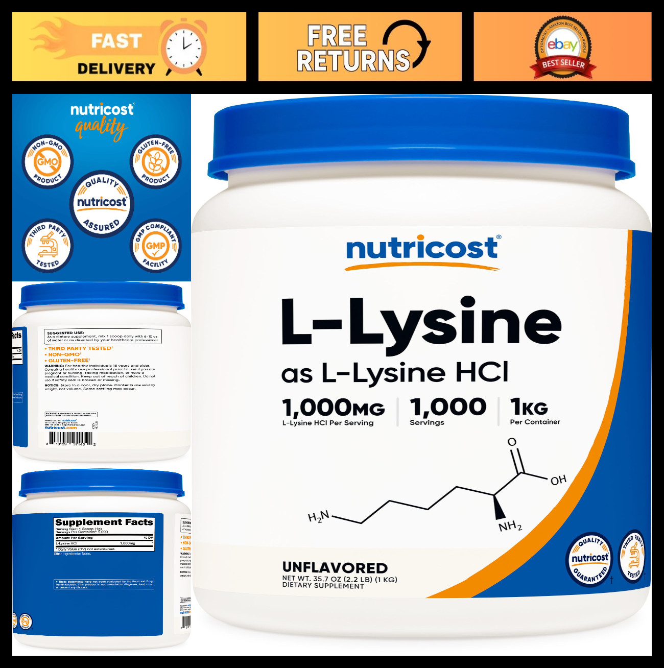 Pure L-Lysine Powder 1KG – Gluten-Free, Non-GMO, Amino Acid Supplement, 2.2lbs