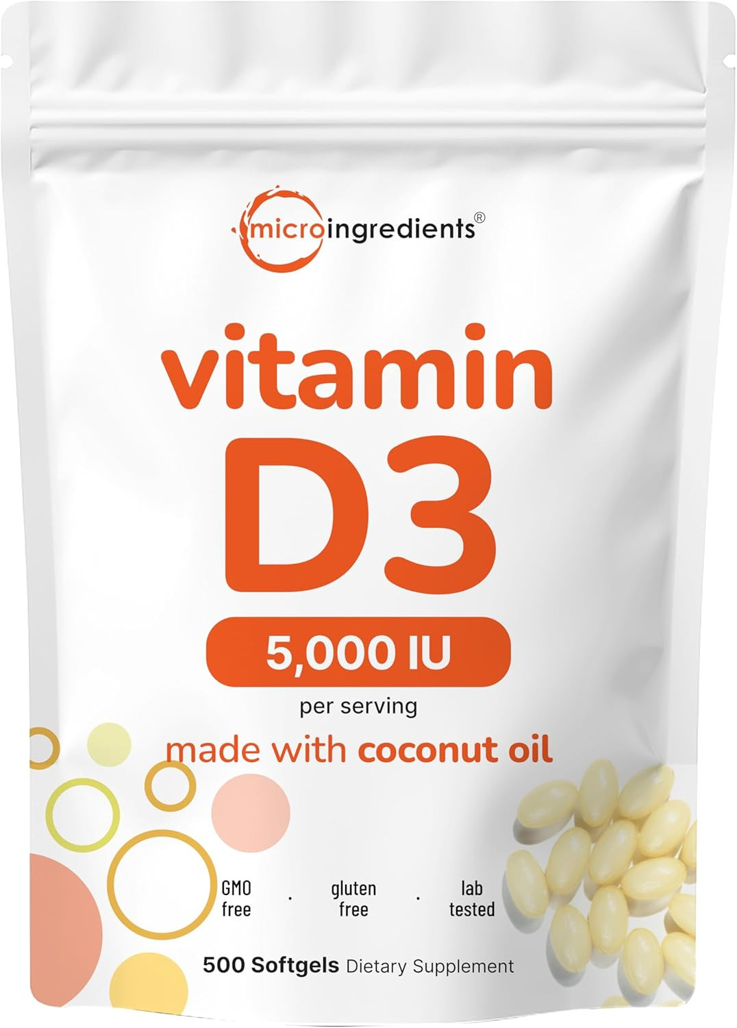 Micro Ingredients Vitamin D3 5,000 IU, 500 Softgels | Virgin Coconut Oil | Chole