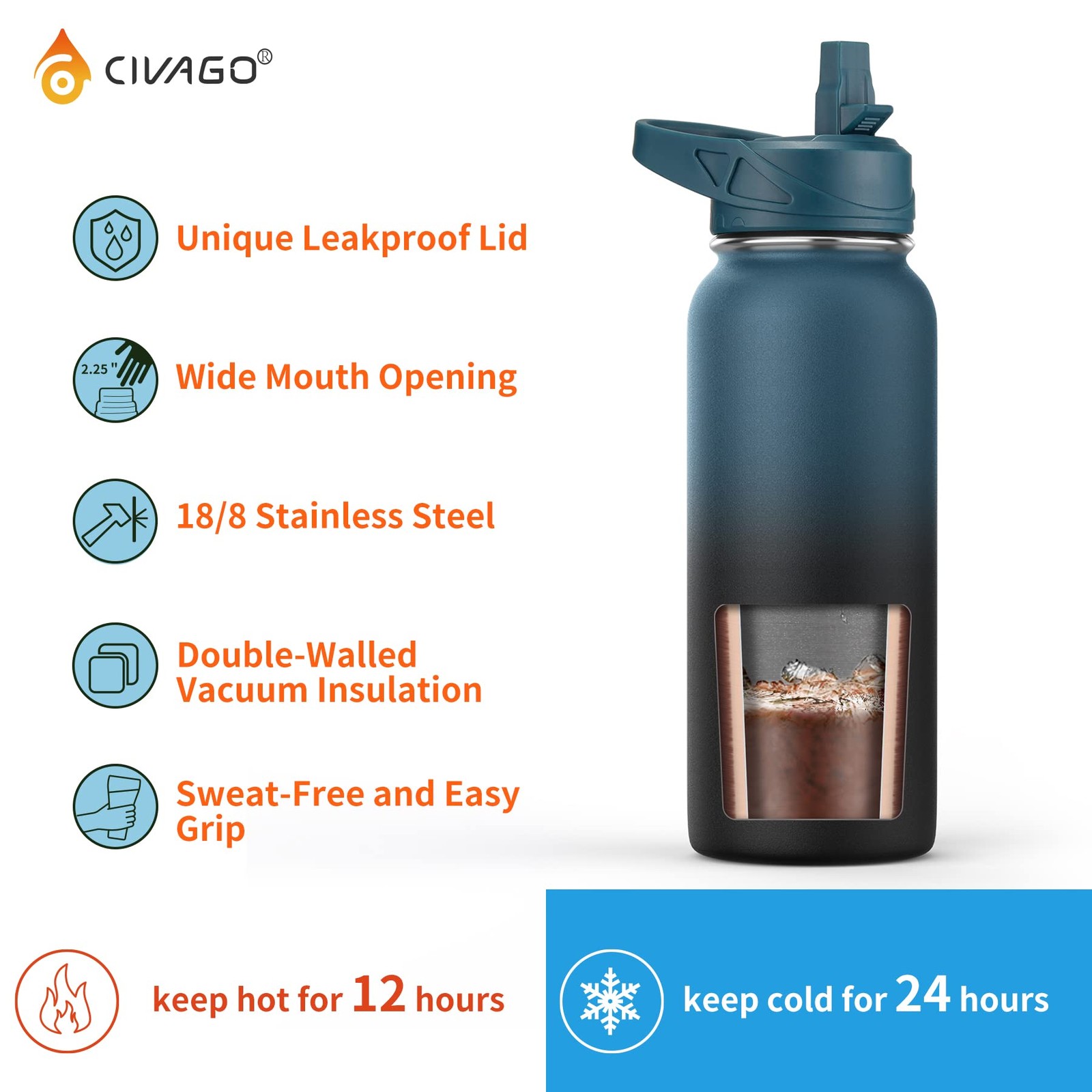 CIVAGO 32 oz Insulated Water Bottle With Straw, Stainless 32 Ounces, Black