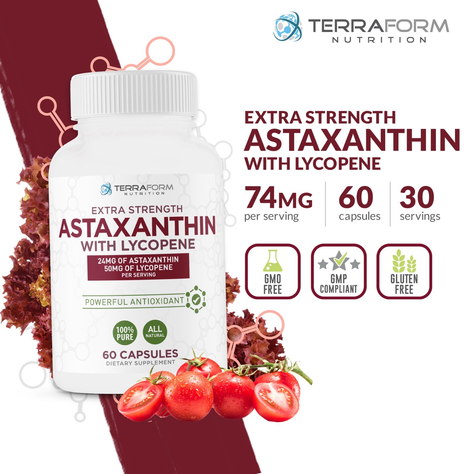 Astaxanthin Supplement 24mg with Lycopene 50mg – High Dose Antioxidant – 60 Caps