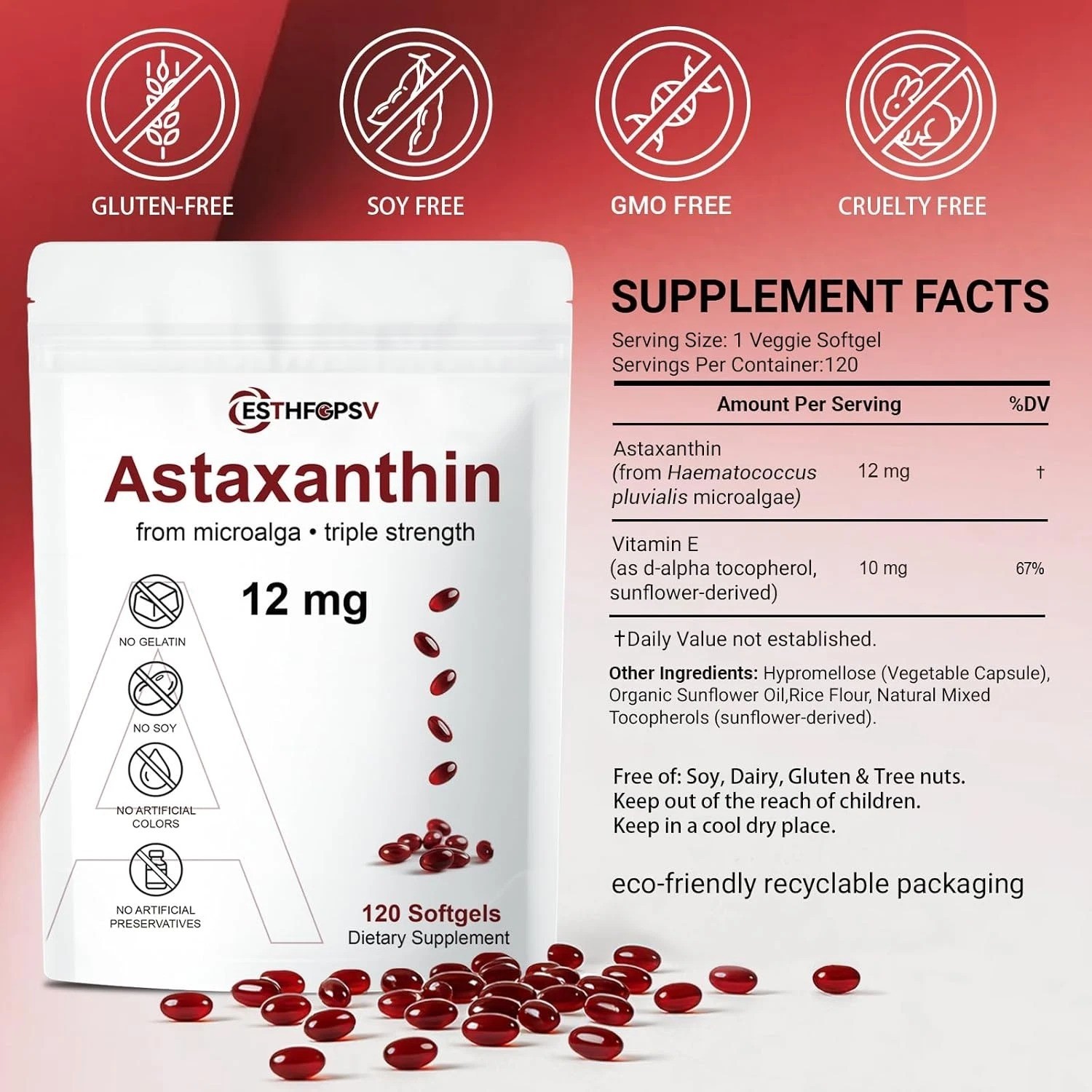 Astaxanthin 12mg 120 Softgels, 4 Month Supply,Triple Strength,Non-GMO,Eye Health