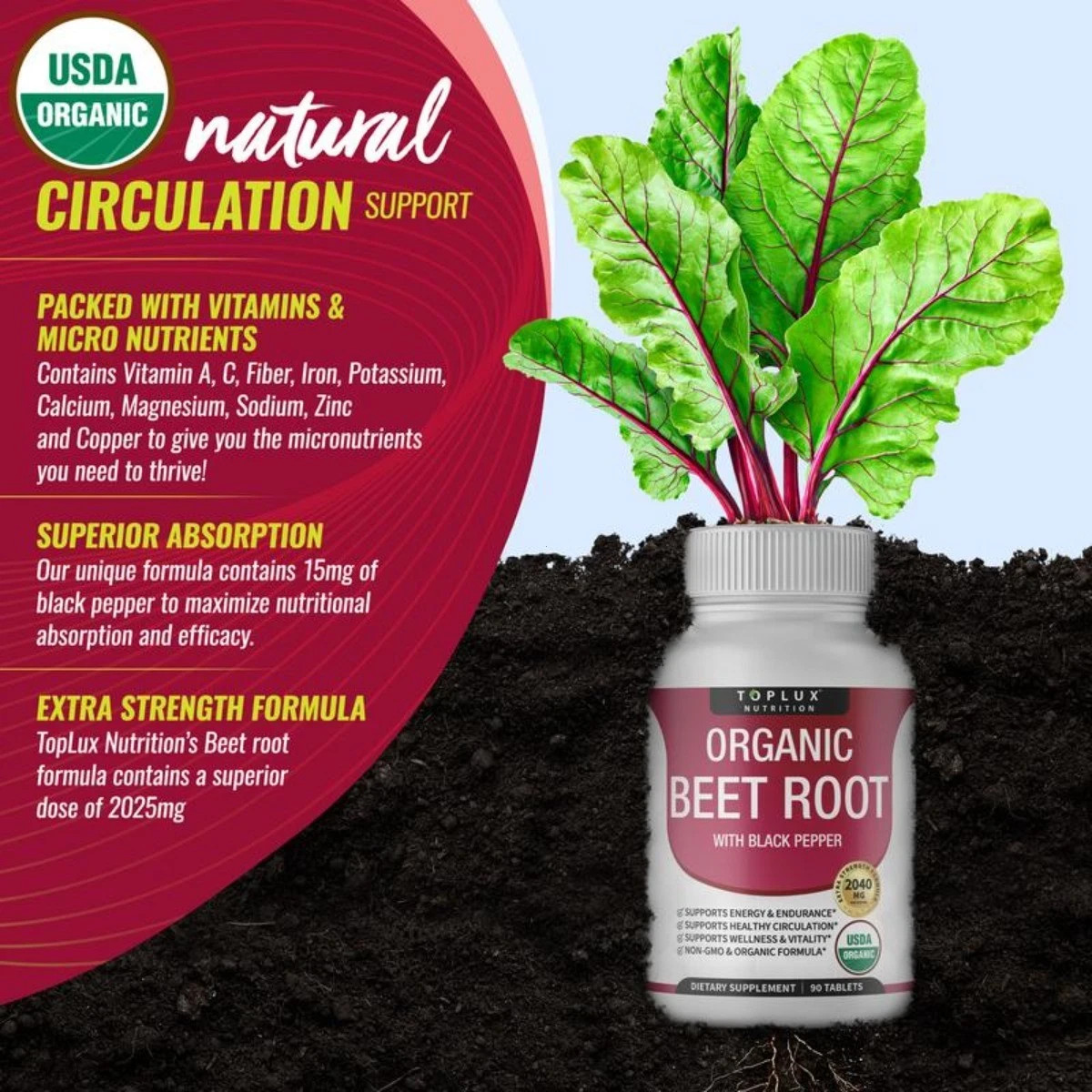 Toplux Organic Beet Root 2040mg, Nitric Oxide Boost Supplement Tablets