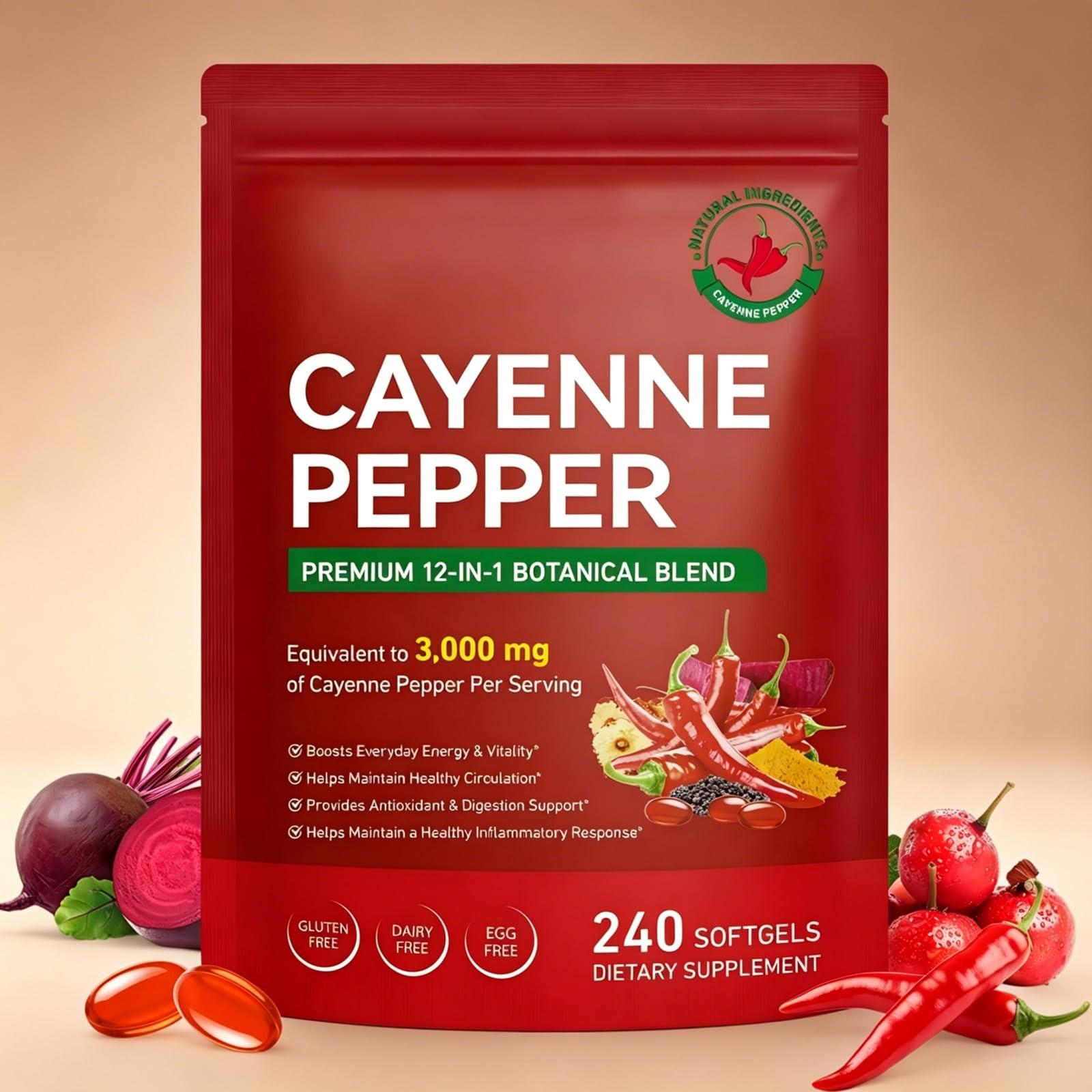 Cayenne Pepper Softgels 240 Count | Non-GMO Beetroot Hawthorn D3 K2 | Heart & Ci