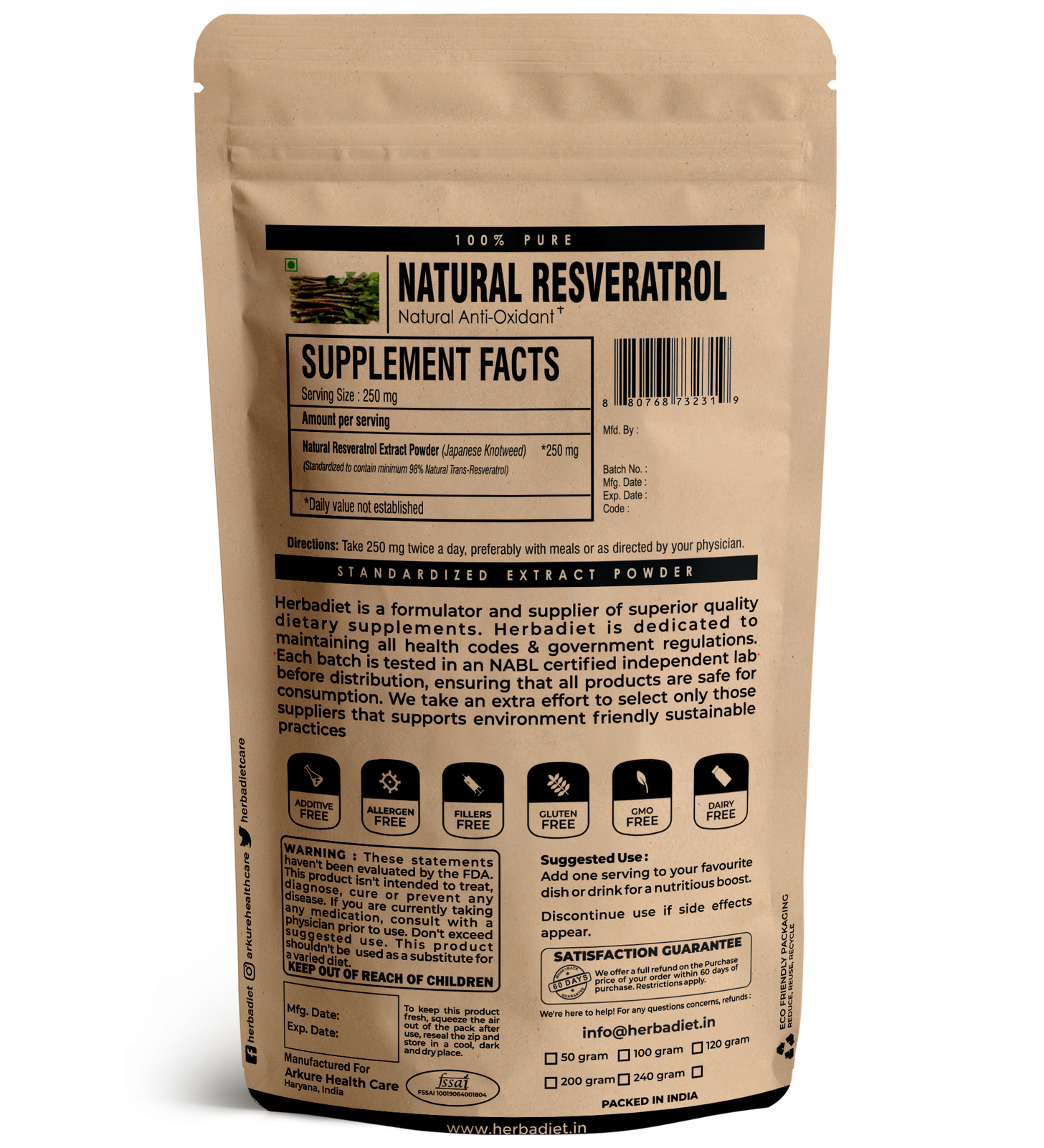 Trans Resveratrol Powder 100% Pure Antioxidant for Anti-Aging & Wellness
