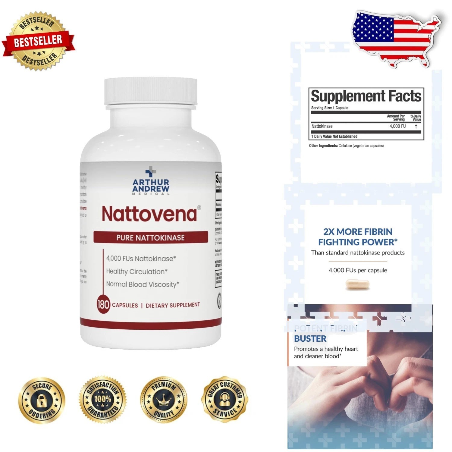 Nattovena Double Strength Nattokinase: 4000 FU, 180 Capsules Heart Health