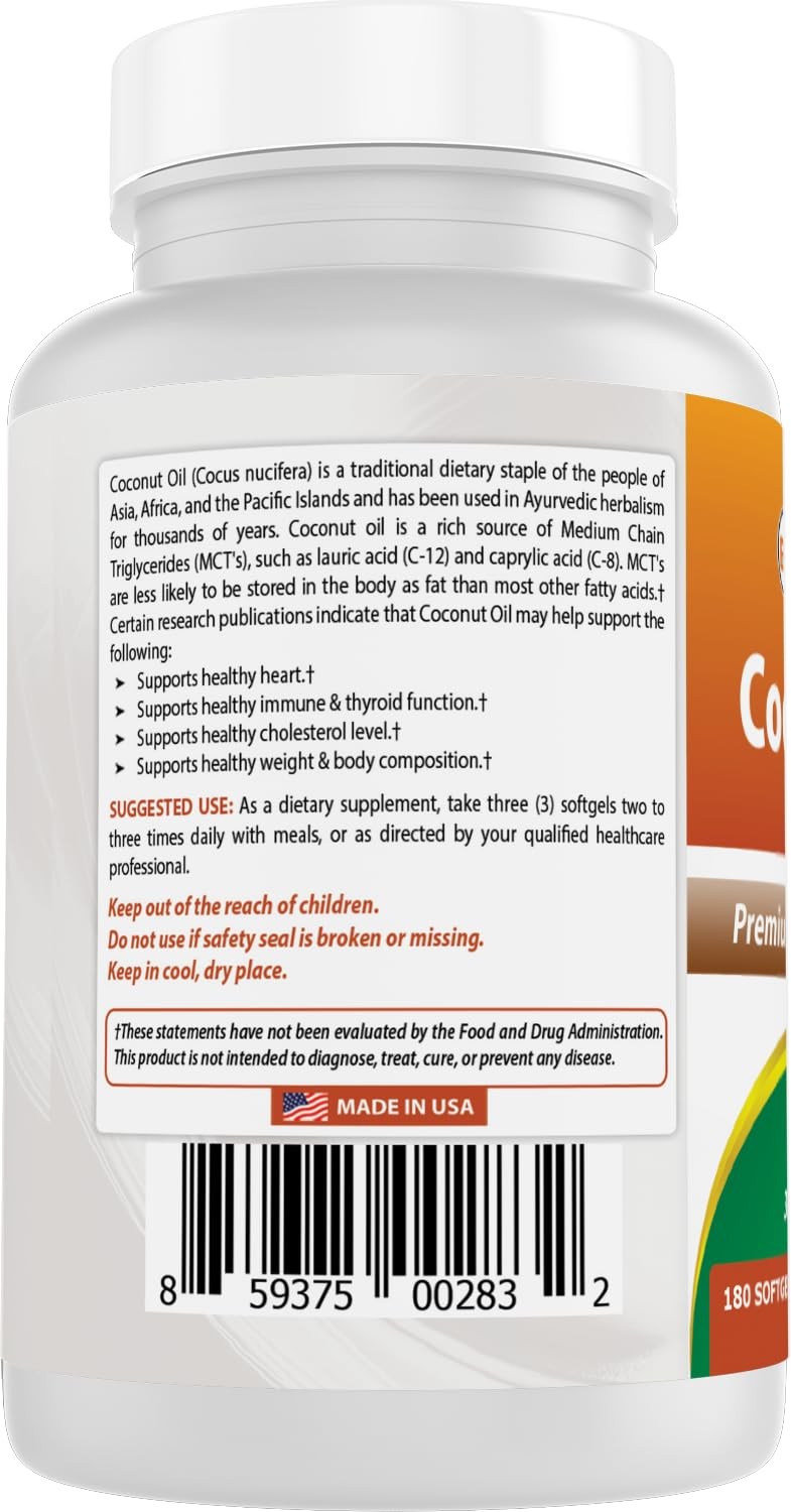 Best Naturals Extra Virgin Coconut Oil 1000 mg Softgel, 180 Count