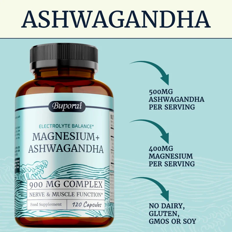 Magnesium + Ashwagandha 120pcs,Sleep,Relieves Muscle Tension,Soreness and Cramps