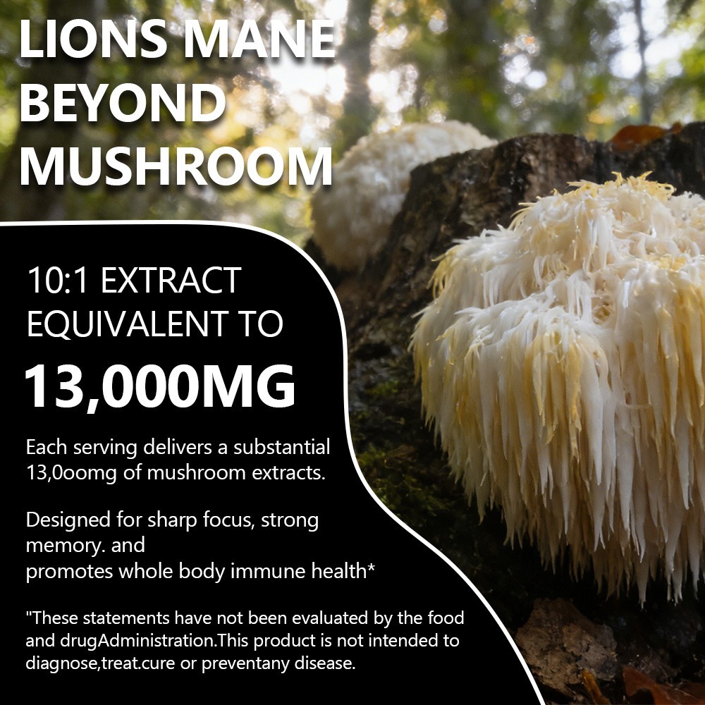 Organic Lion’s Mane Mushroom Supplement 13000 mg – MEMORY, FOCUS, STRESS SUPPORT