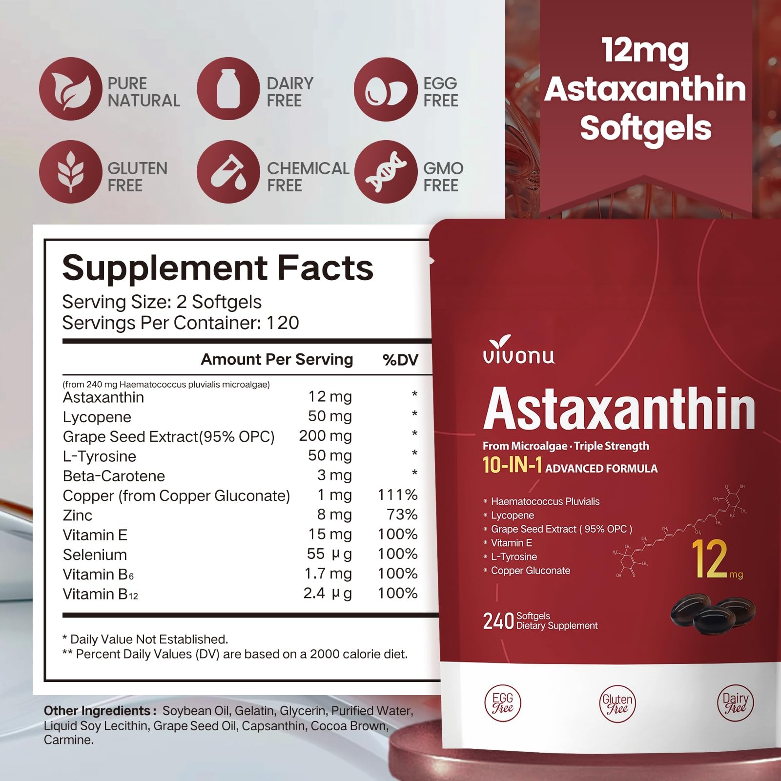 10 in 1 Astaxanthin 12mg 240 Count (Pack of 1), | 1 Bag | 240 Softgels