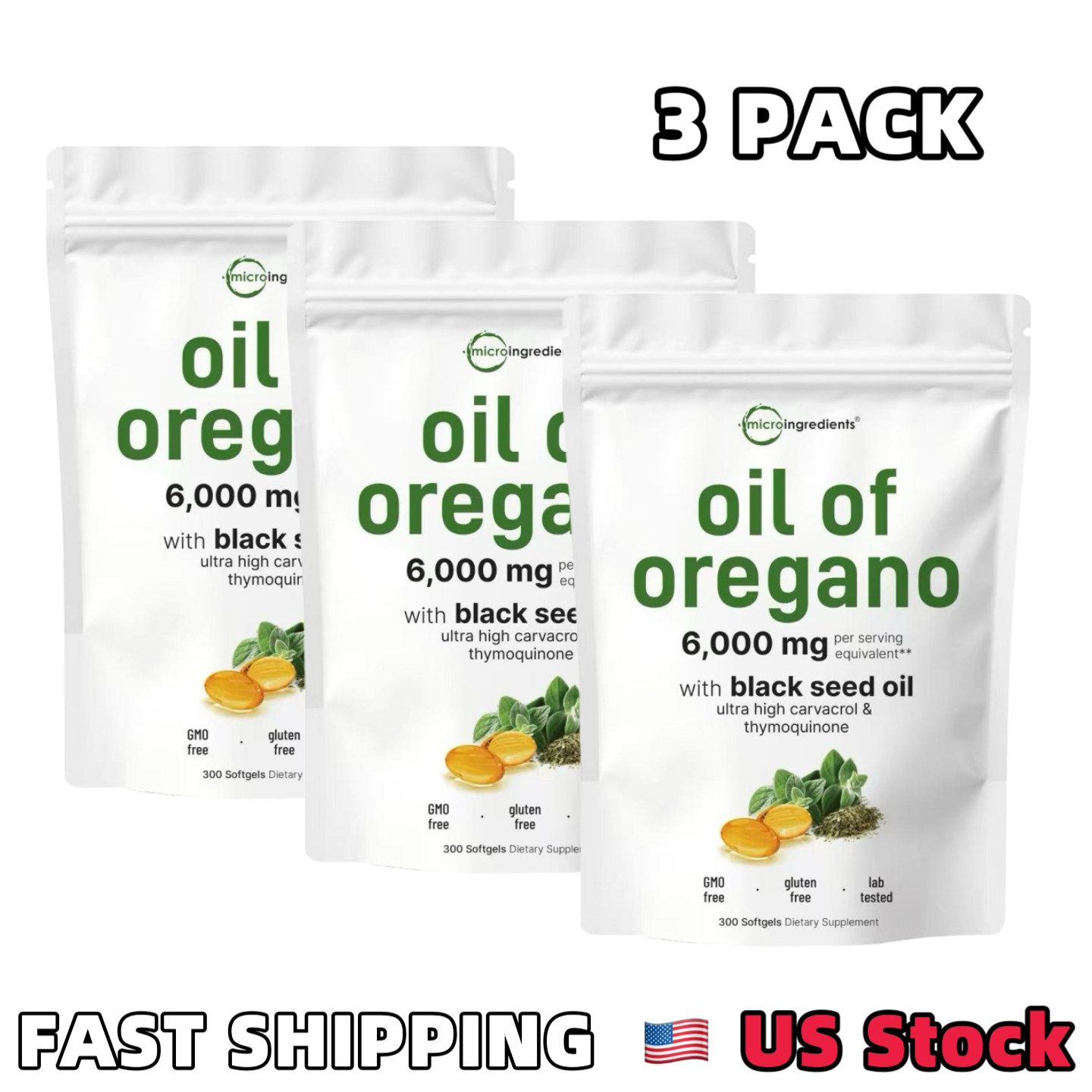 3 Pack Oil of Oregano with Black Seed Oil, 300 Softgels NEW Microingredients