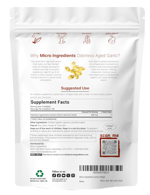 Odorless Garlic 7500mg Per Servings, 300 Softgels | 2 Years Aged Garlic Extra…