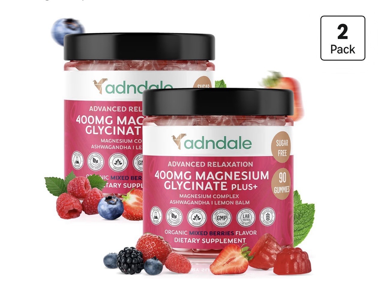 Adndale Magnesium Glycinate Gummies 400mg With Ashwagandha Sugar Free 180 Ct