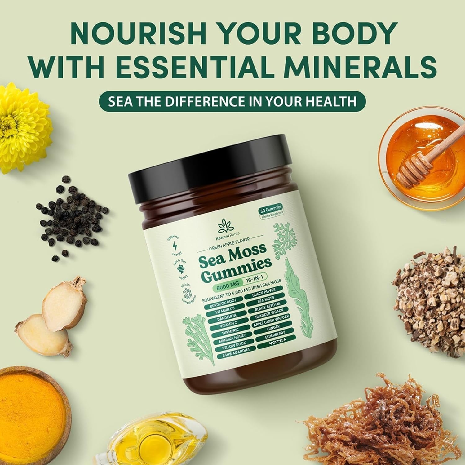 Natural Rems Sea Moss Gummies 16-in-1 – Ashwagandha Black Seed Oil Bladder Wrack