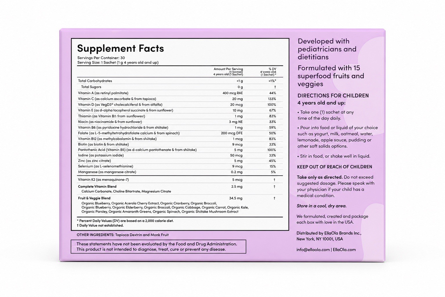 EllaOla Kids Unflavored Multivitamin Sachets Sugar-Free Vegan 30 Ct