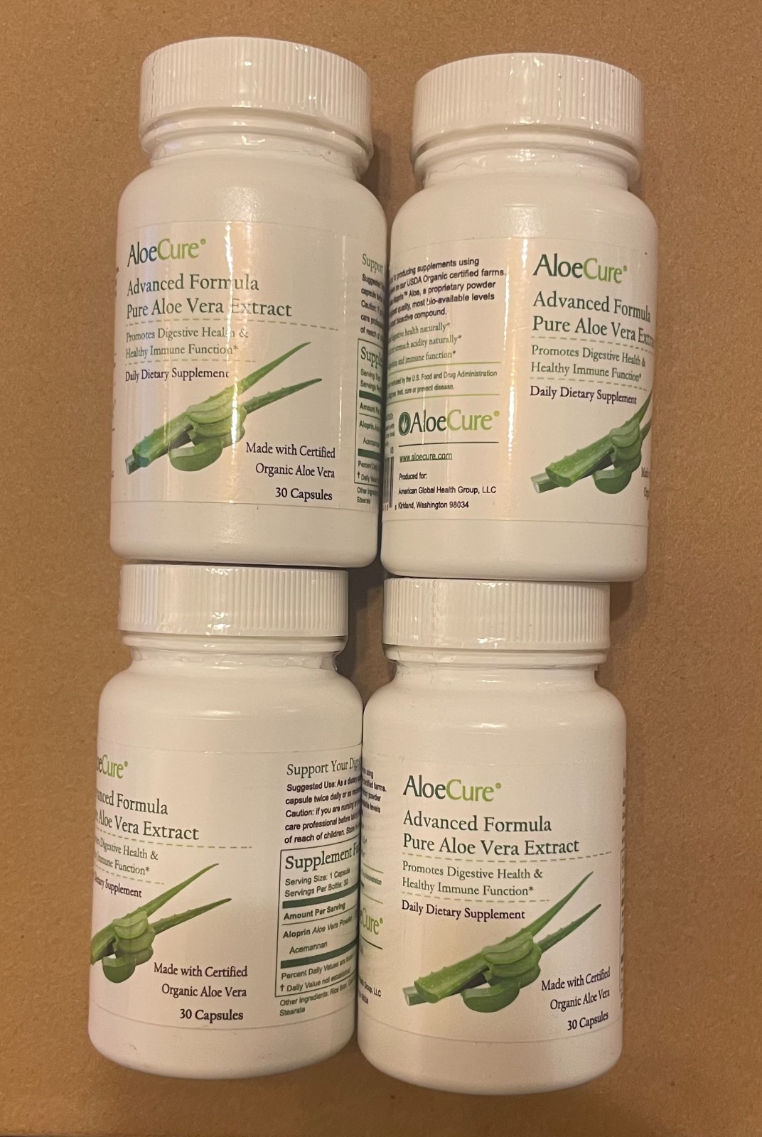 4 Bottles AloeCure Organic Aloe Vera Capsules, 130,000mg Inner (4×30 Capsules)