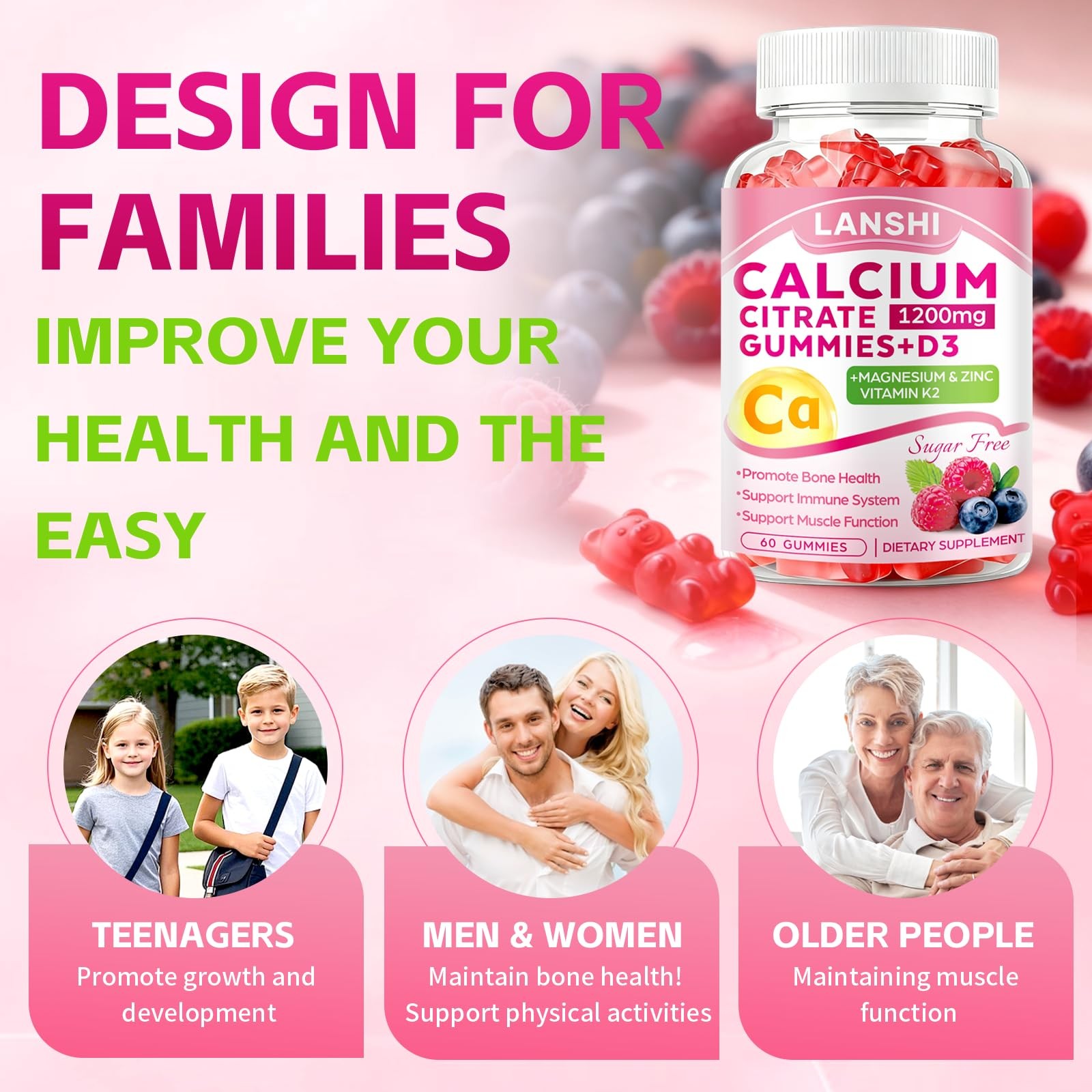 Lanshi Calcium Citrate Gummies 1200Mg Vitamin D3 K2 Supplements For Women Men