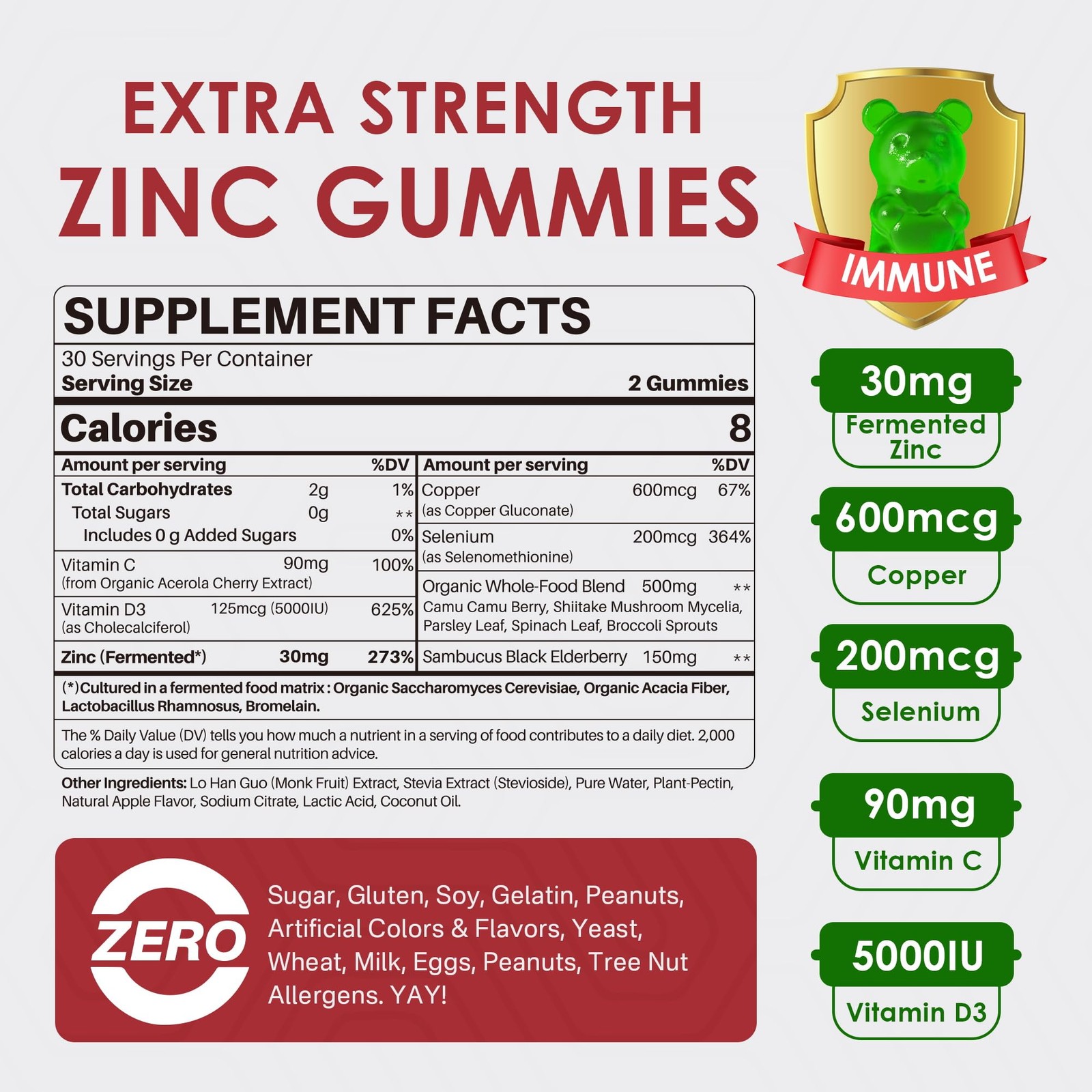 Zinc Gummies + Copper, Selenium, Vitamin C & D3, 60 Count (Pack of 1)